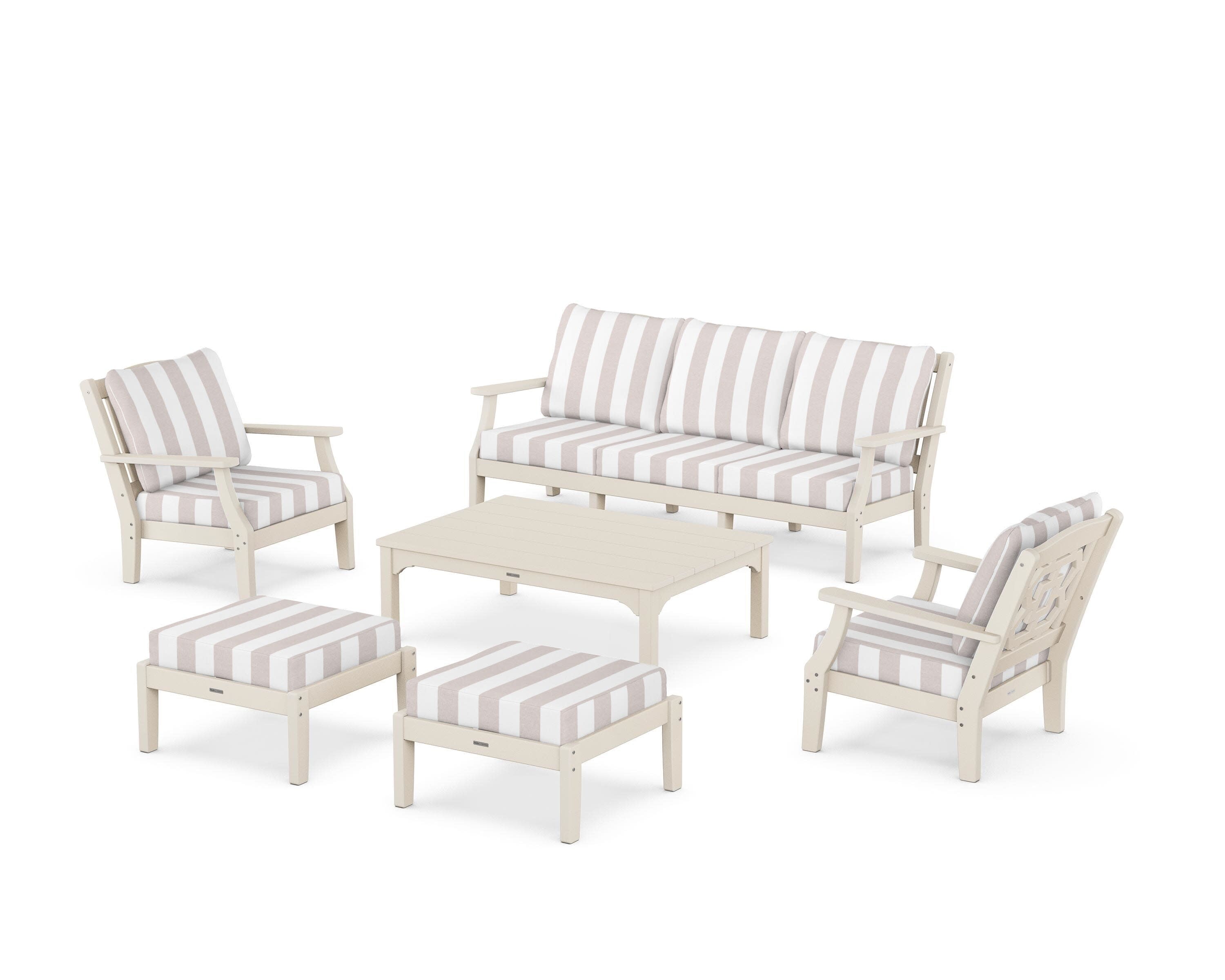 Chinoiserie 6-Piece Lounge Sofa Set in Sand / Cabana Stripe Dune Burlap