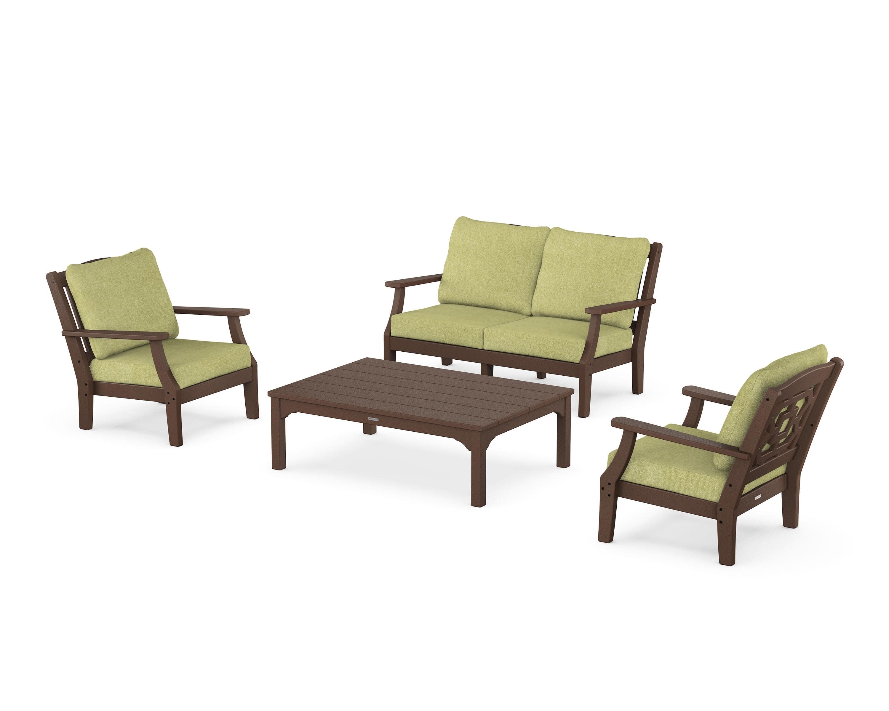 Chinoiserie 4-Piece Deep Seating Set with Loveseat in Mahogany / Chartreuse Boucle