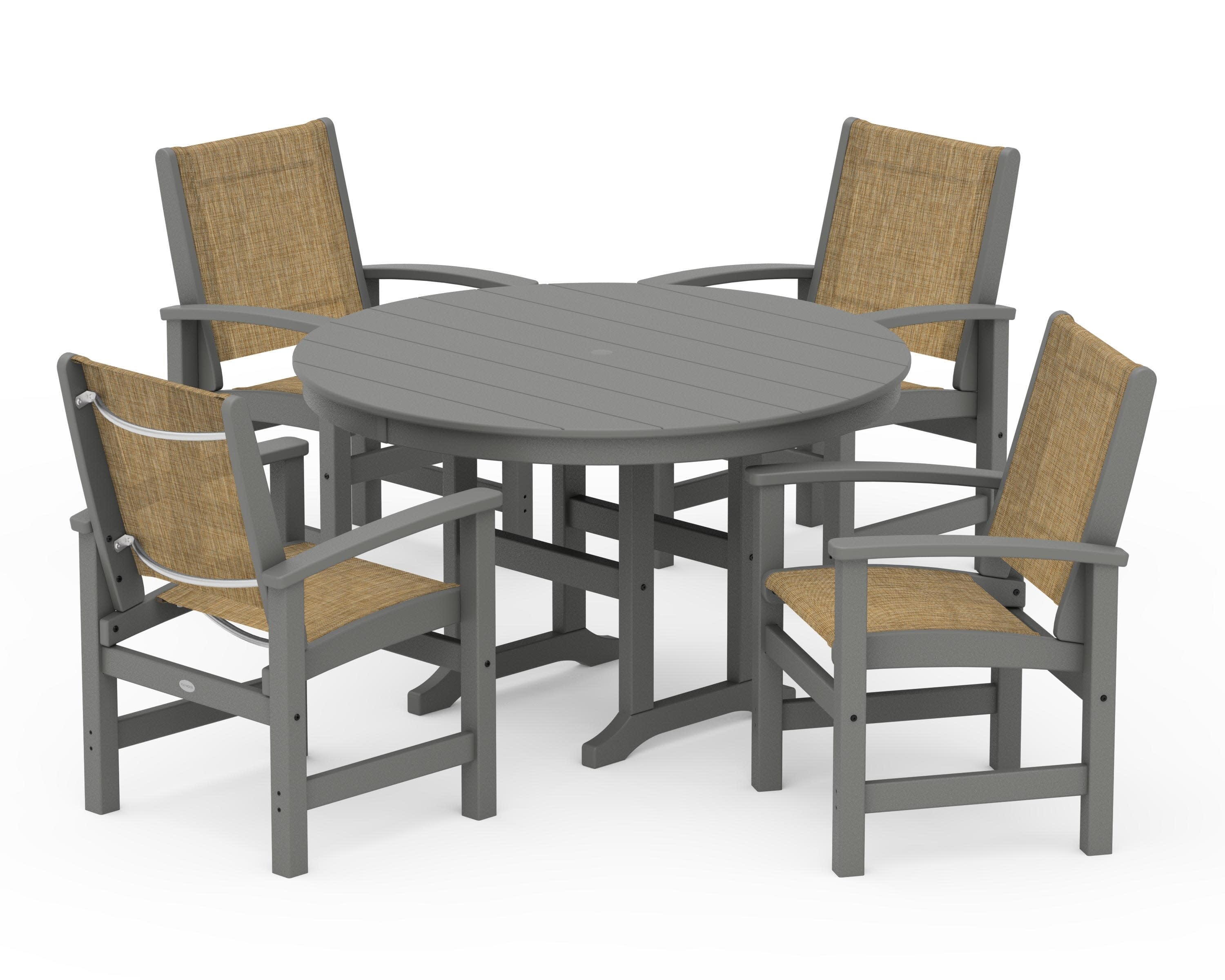 Coastal 5-Piece Round Farmhouse Dining Set in Slate Grey / Burlap Sling