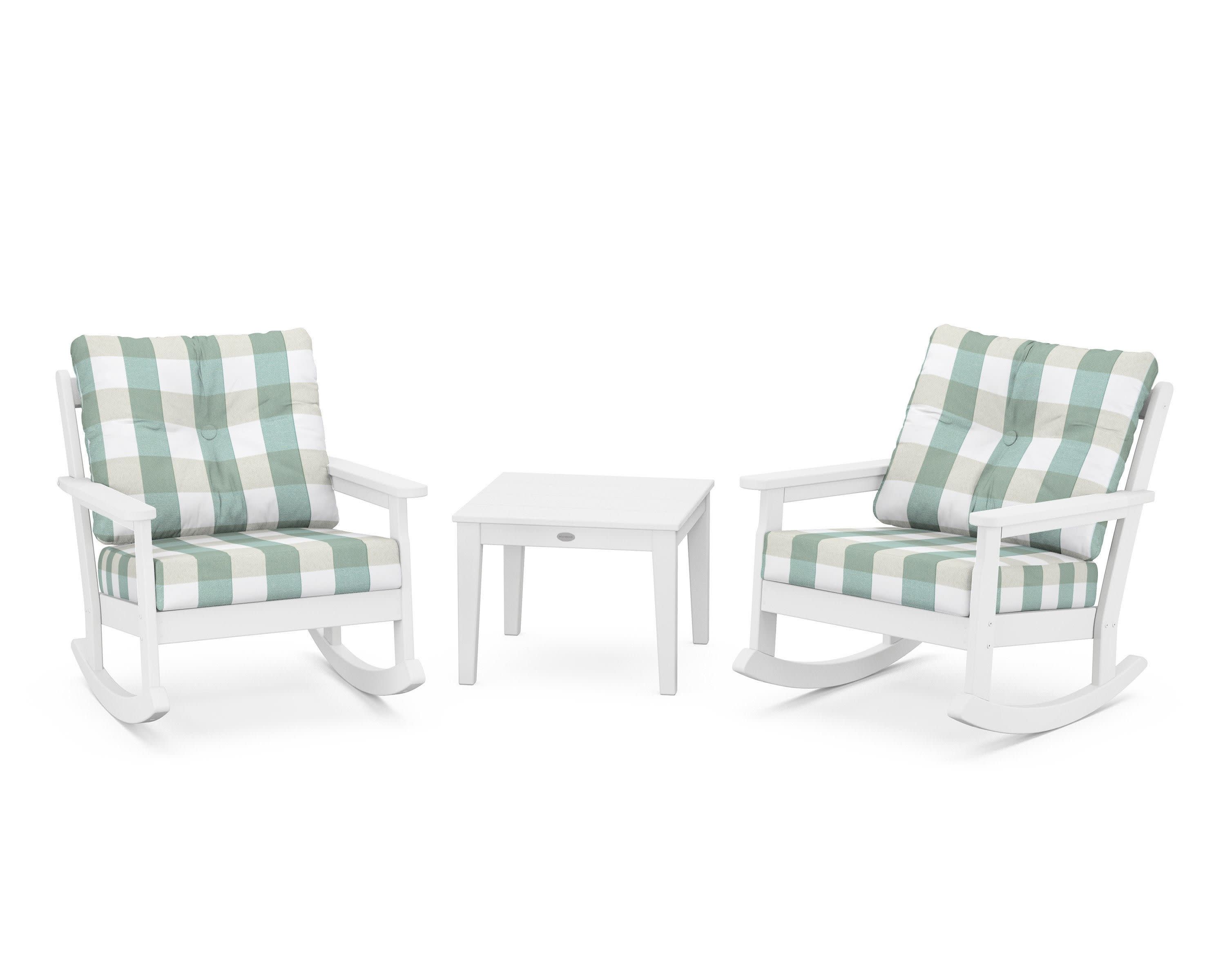 Vineyard 3-Piece Deep Seating Rocker Set in White / Buffalo Plaid Glacier Spa