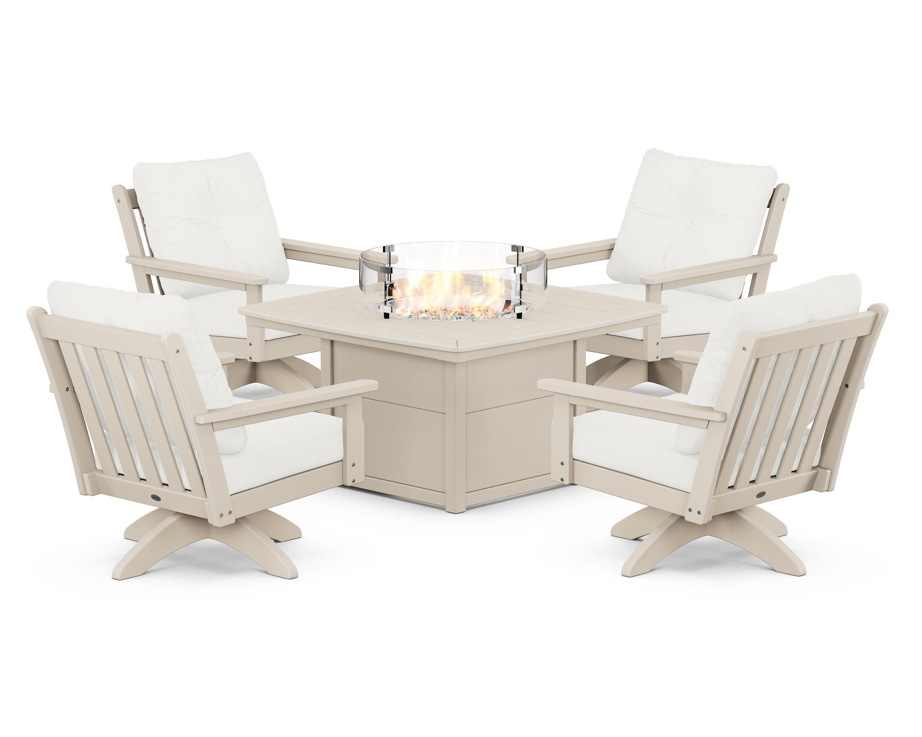 Vineyard 5-Piece Deep Seating Swivel Conversation Set with Fire Pit Table in Sand / Natural Linen