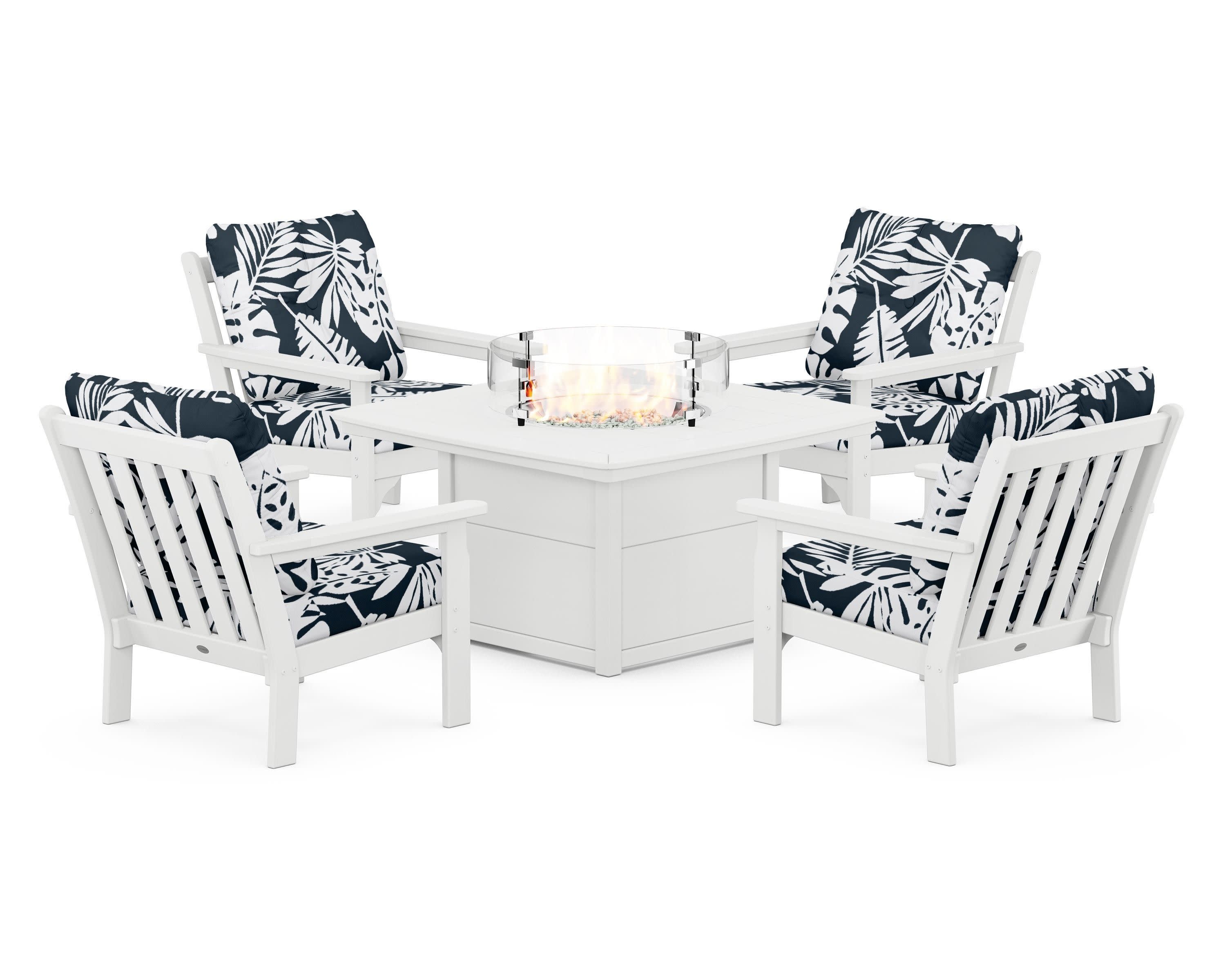 Vineyard 5-Piece Conversation Set with Fire Pit Table in White / Leaf Marine Indigo