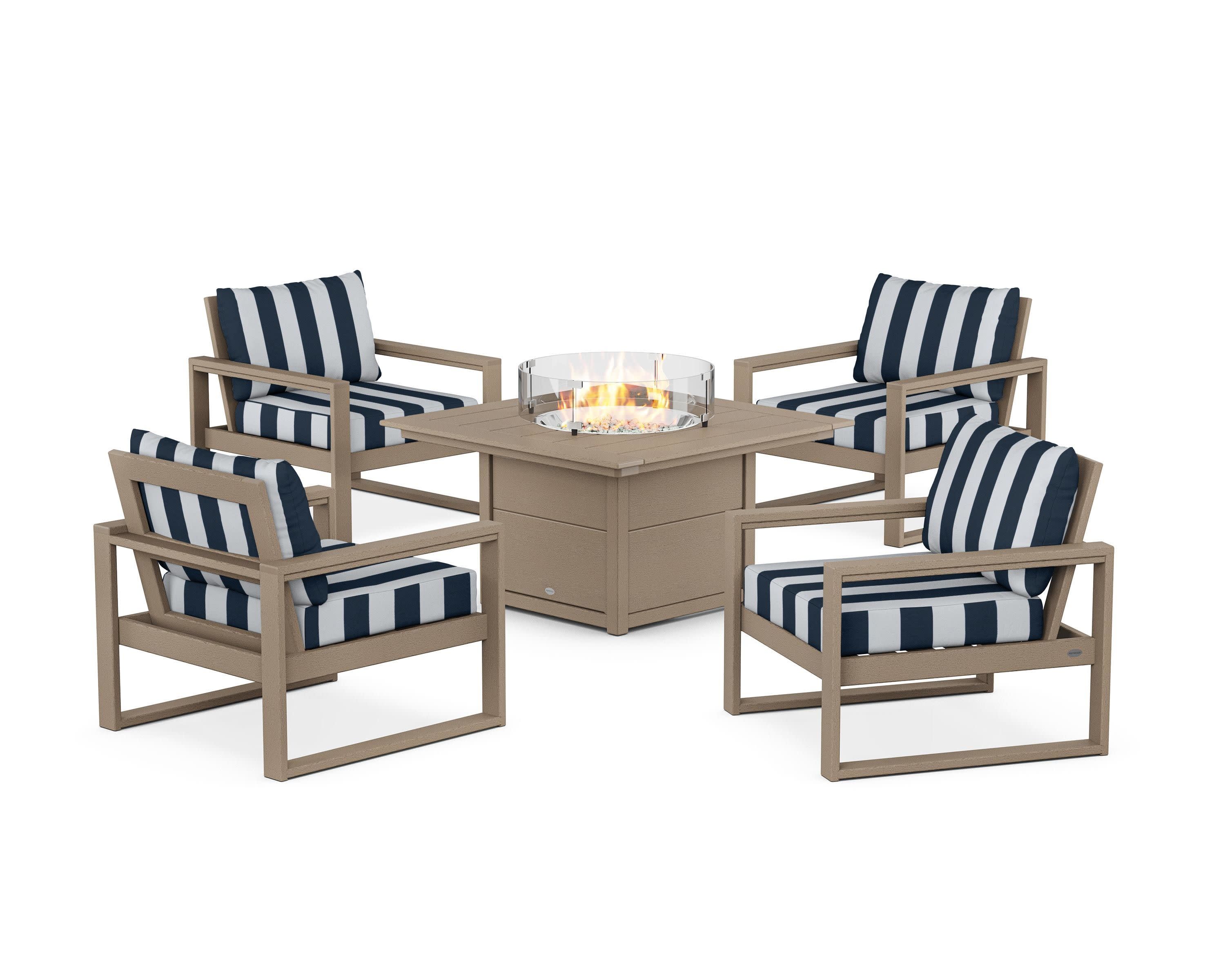 EDGE Sectional 5-Piece Deep Seating Set with Fire Pit Table in Vintage Sahara / Cabana Stripe Marine Indigo