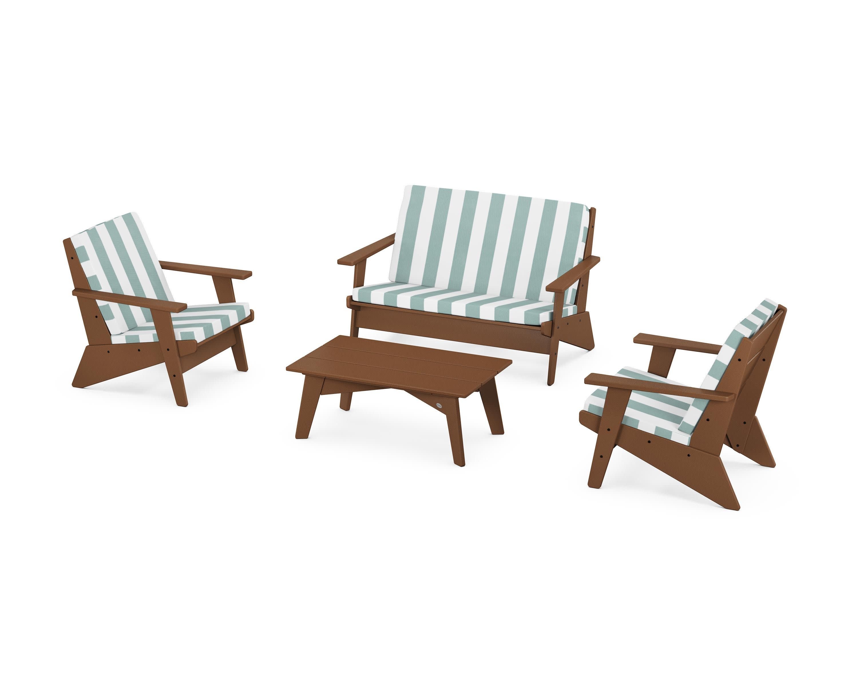 Riviera Modern Lounge 4-Piece Set in Teak / Cabana Stripe Glacier Spa