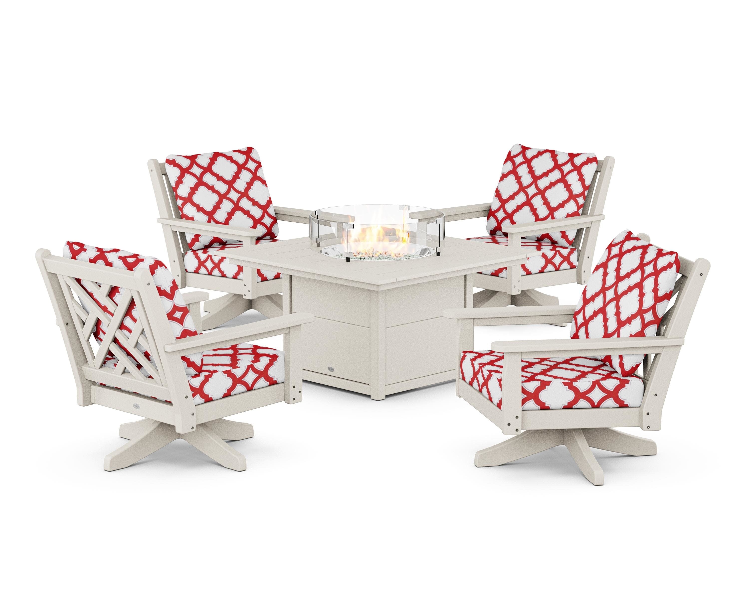 Chippendale 5-Piece Deep Seating Swivel Conversation Set with Fire Pit Table in Sand / Trellis Crimson