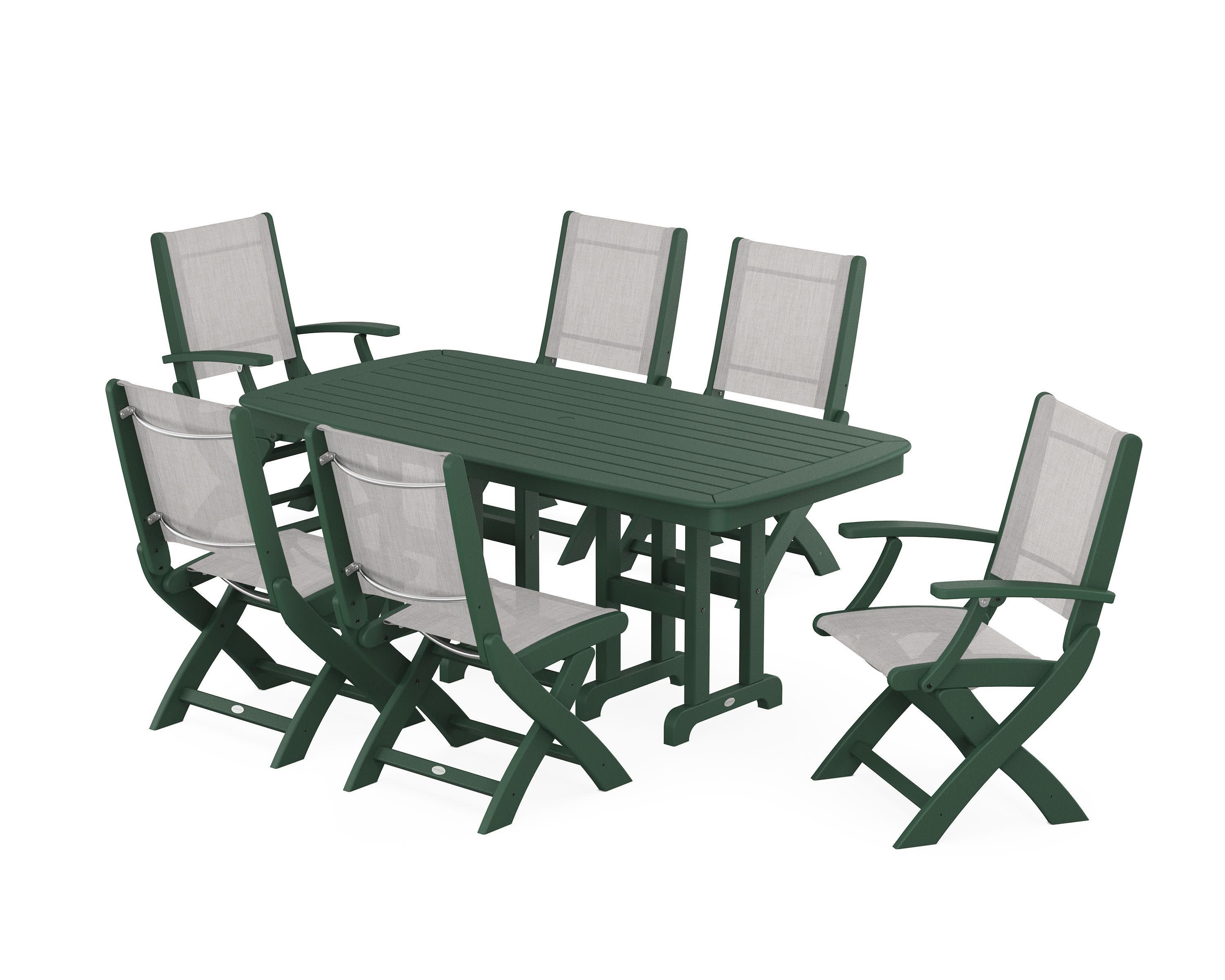 Coastal Folding Chair 7-Piece Dining Set in Green / Parchment Sling