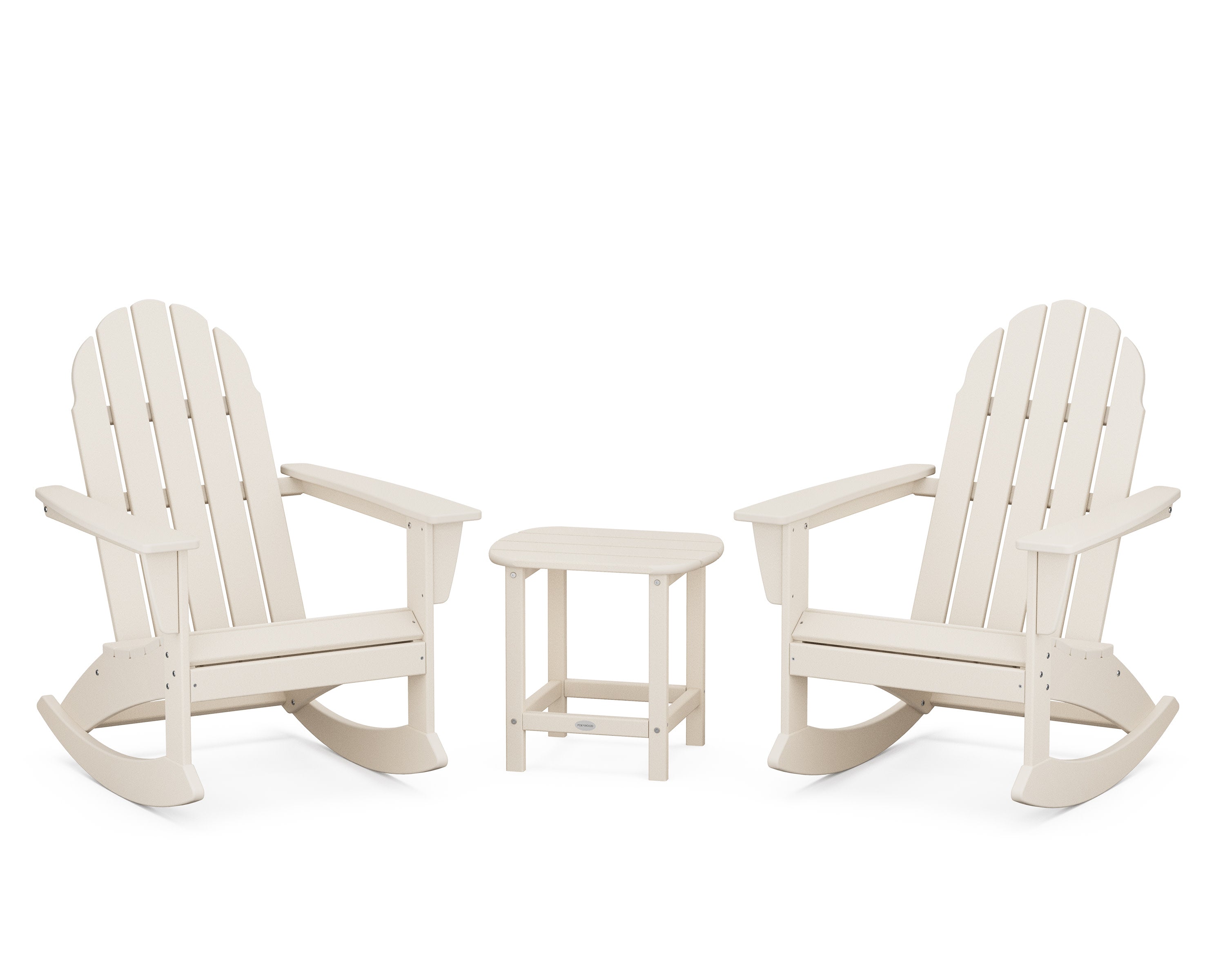 Vineyard 3-Piece Adirondack Rocking Chair Set with South Beach 18" Side Table in Sand