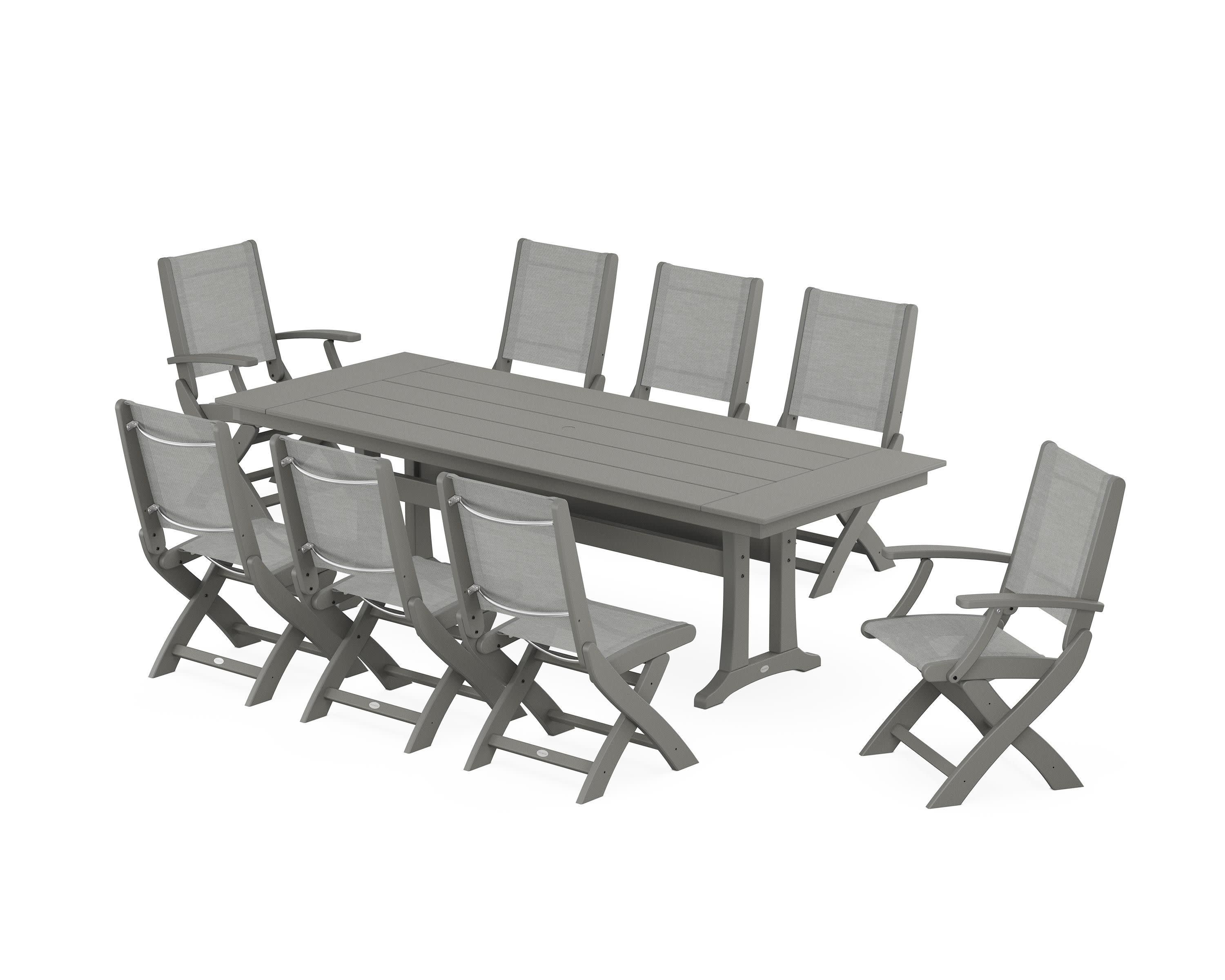 Coastal 9-Piece Folding Dining Chair Farmhouse Dining Set with Trestle Legs in Slate Grey / Metallic Sling