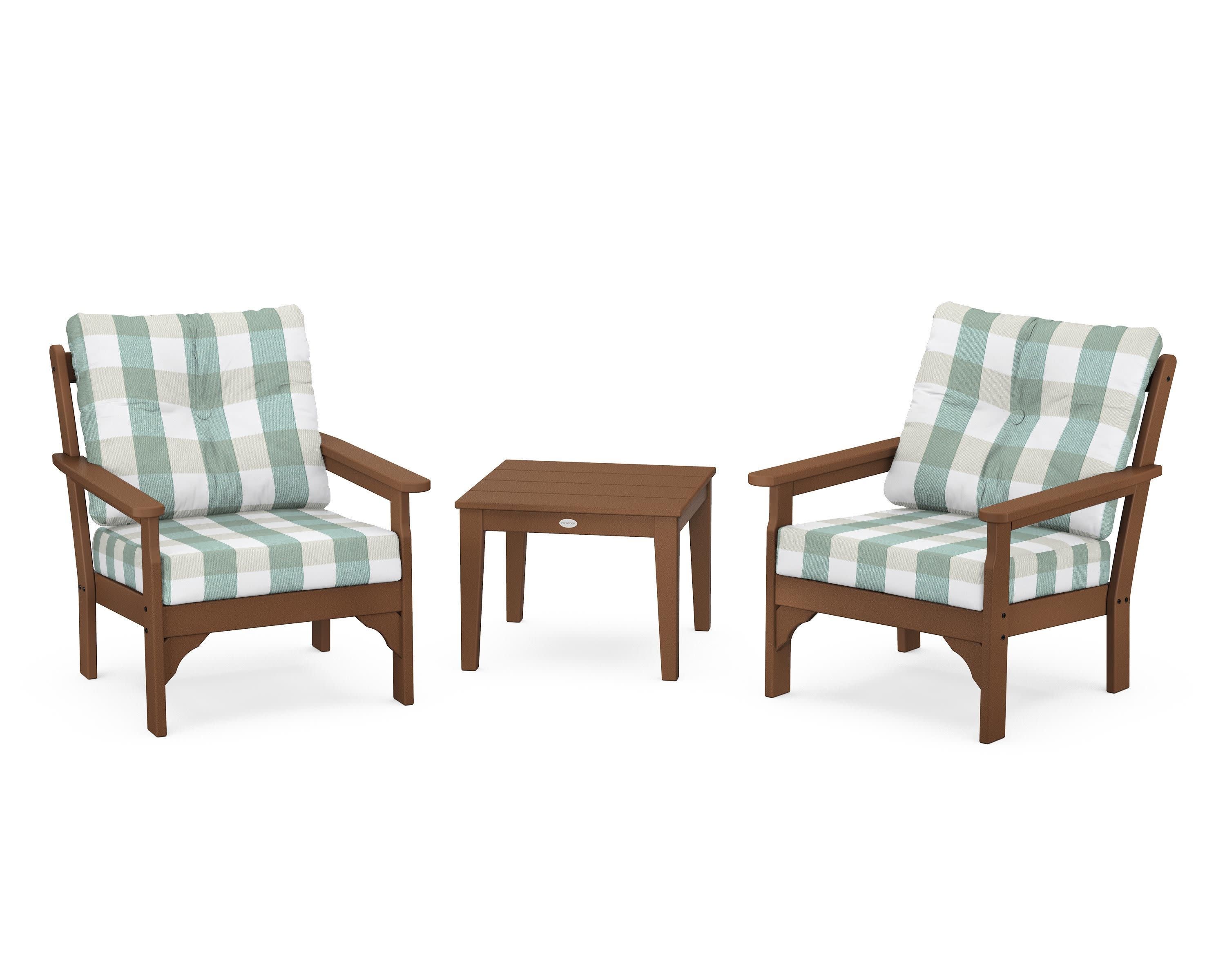 Vineyard 3-Piece Deep Seating Set in Teak / Buffalo Plaid Glacier Spa