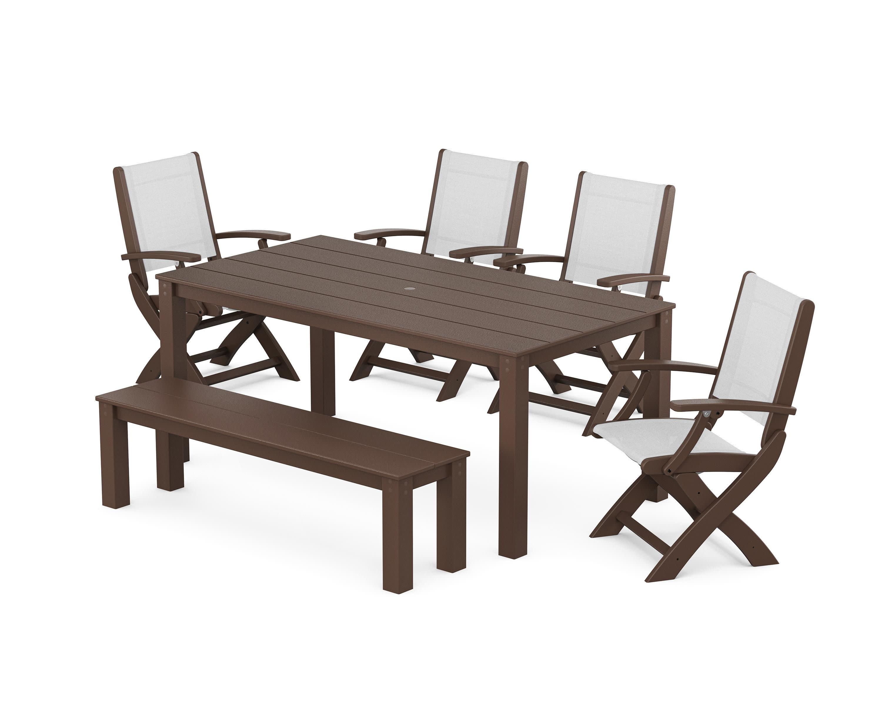 Coastal Folding Chair 6-Piece Parsons Dining Set with Bench in Mahogany / White Sling