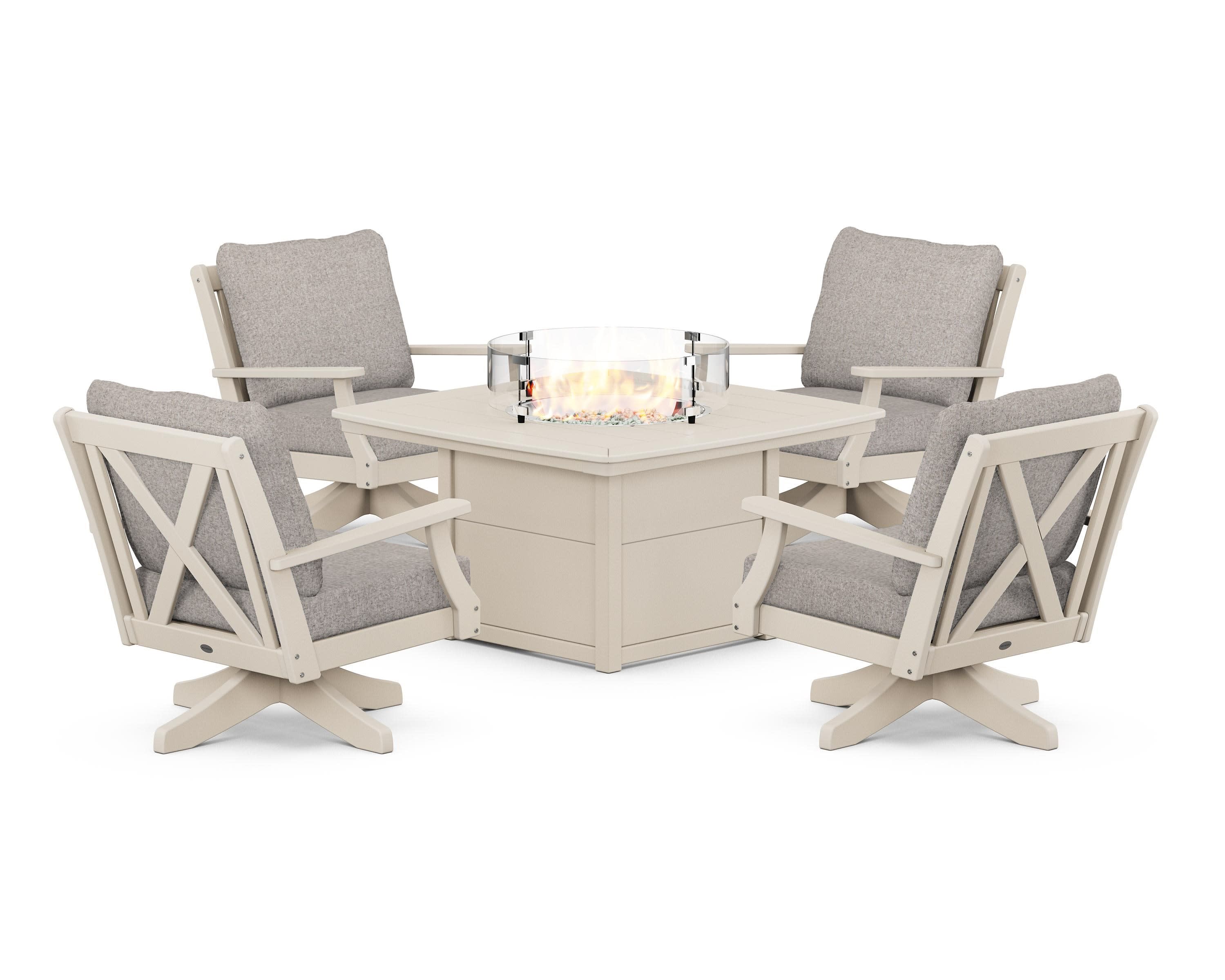 Braxton 5-Piece Deep Seating Swivel Conversation Set with Fire Pit Table in Sand / Weathered Tweed