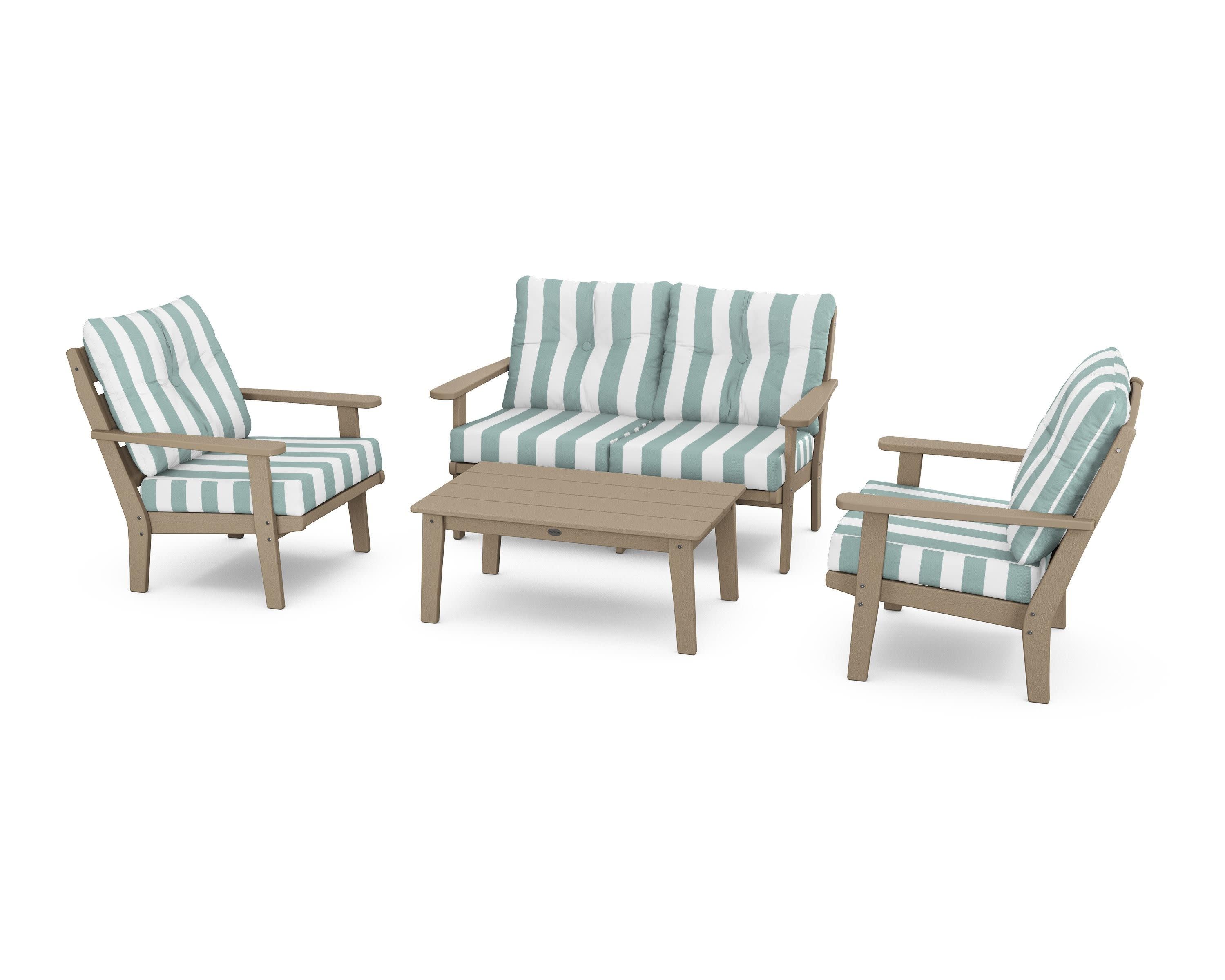 Lakeside 4-Piece Deep Seating Set in Vintage Sahara / Cabana Stripe Glacier Spa