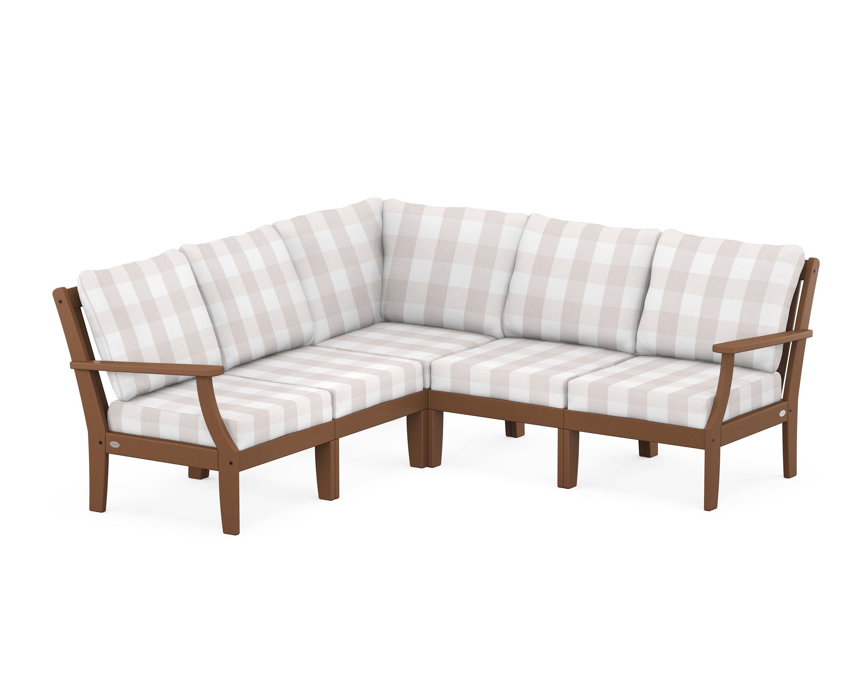 Braxton Modular 5-Piece Deep Seating Set in Teak / Buffalo Plaid Dune Burlap