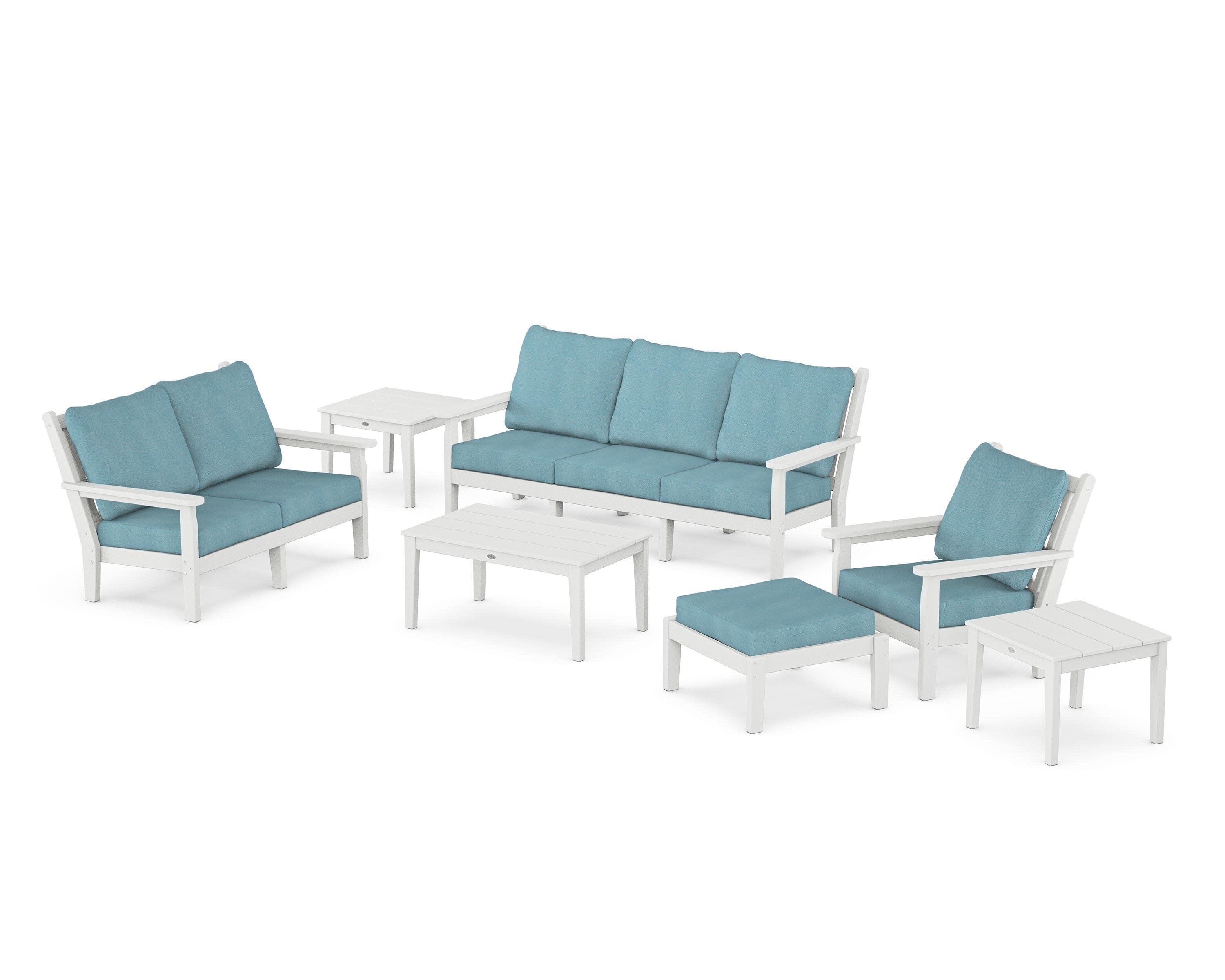 Chippendale 7-Piece Deep Seating Set in White / Lattice Sky Blue