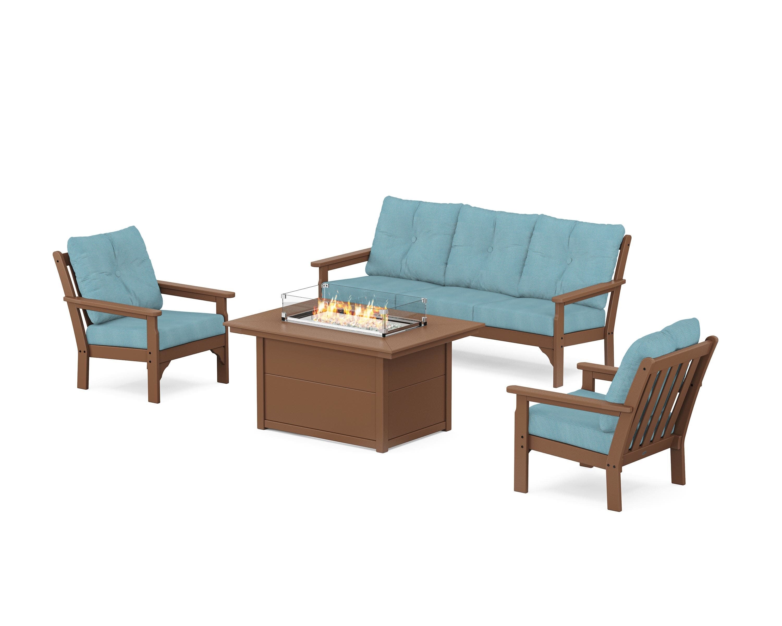 Vineyard Deep Seating Fire Pit Table Set in Teak / Lattice Sky Blue