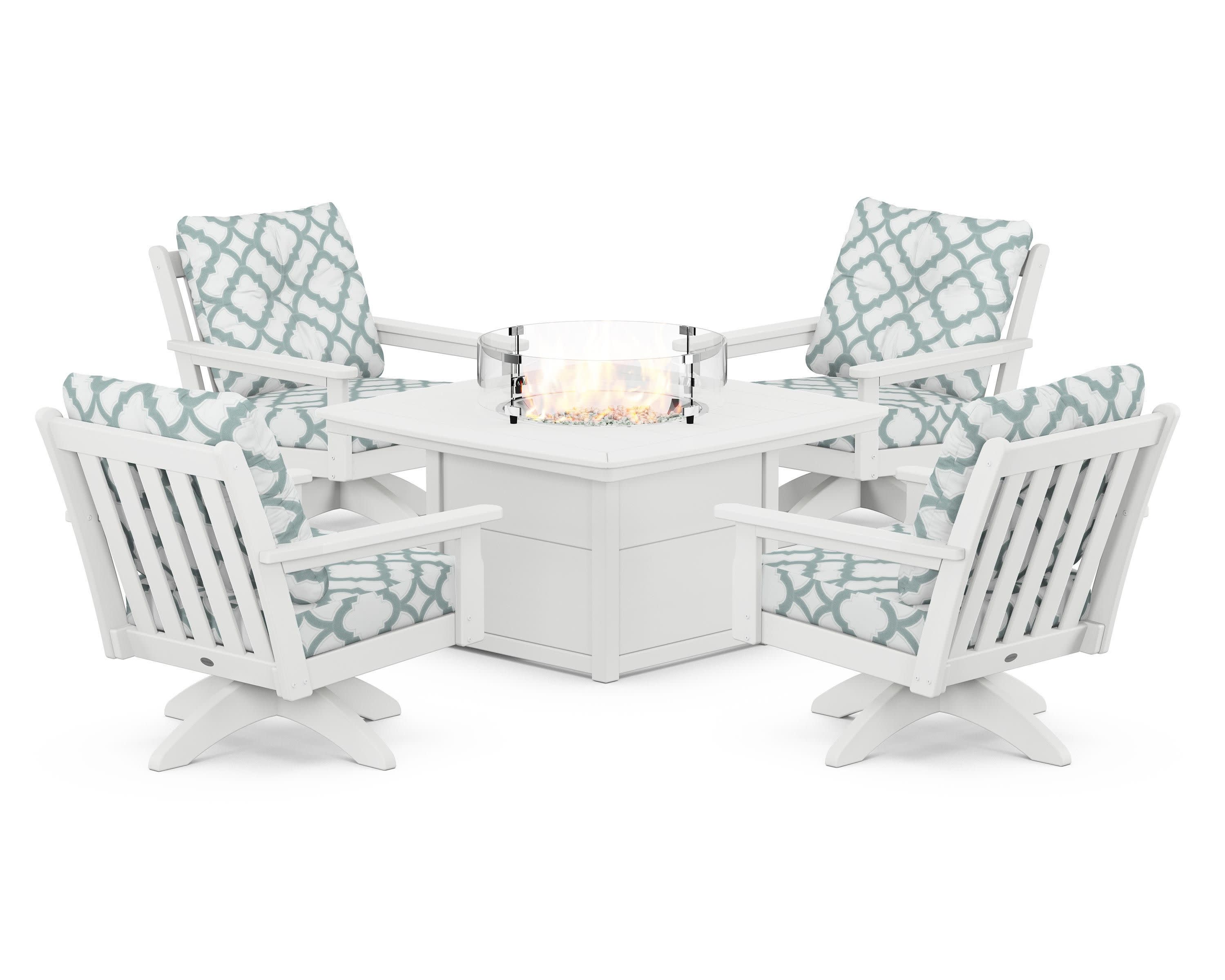 Vineyard 5-Piece Deep Seating Swivel Conversation Set with Fire Pit Table in White / Trellis Glacier Spa