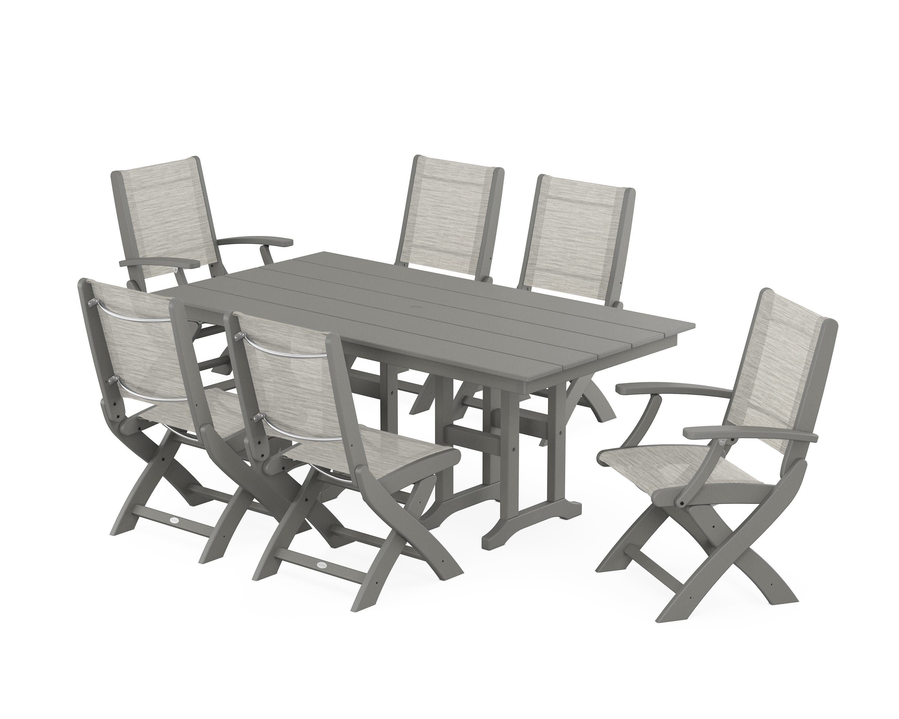 Coastal Folding Chair 7-Piece Farmhouse Dining Set in Slate Grey / Birch Sling