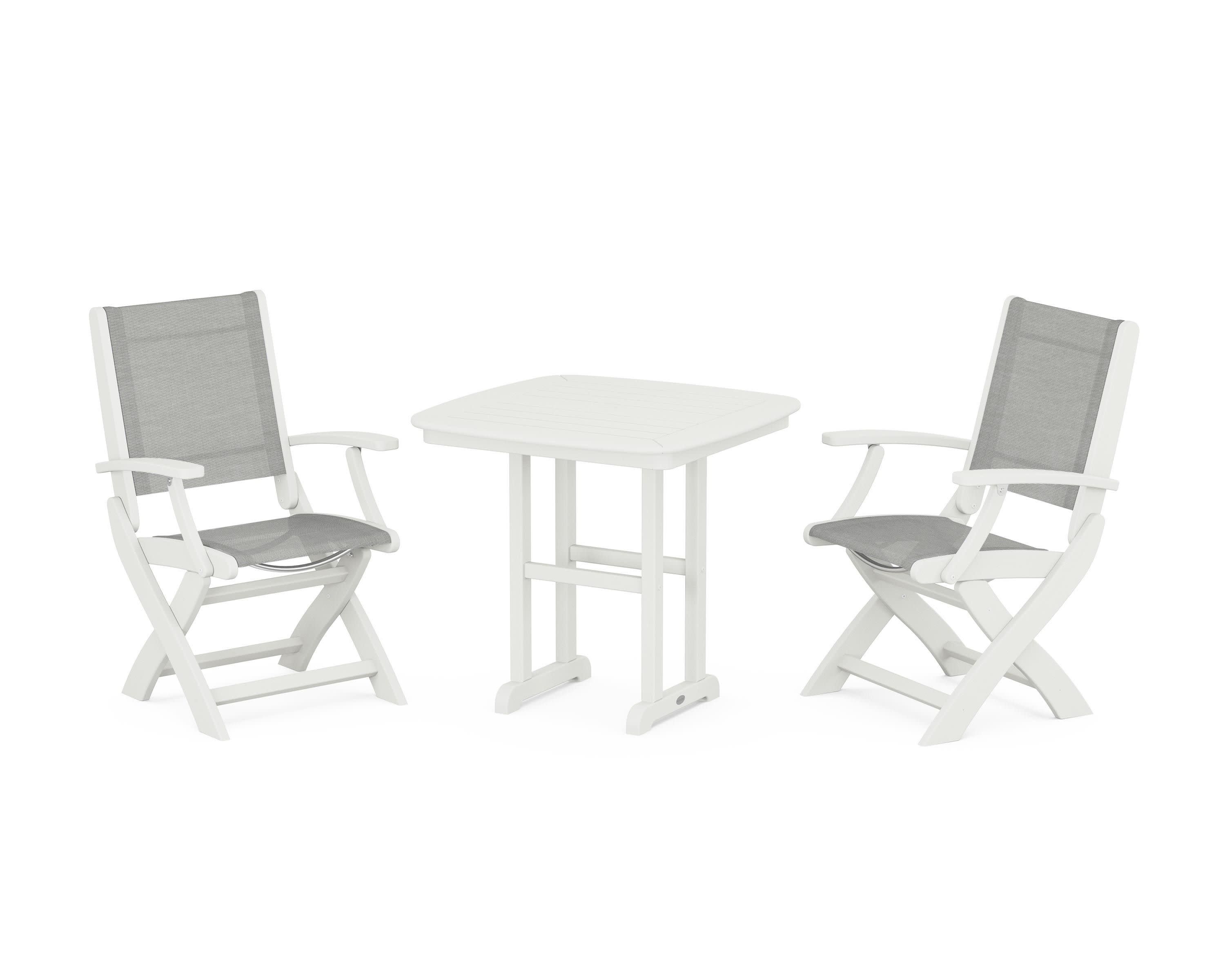 Coastal Folding Chair 3-Piece Dining Set in Vintage White / Metallic Sling