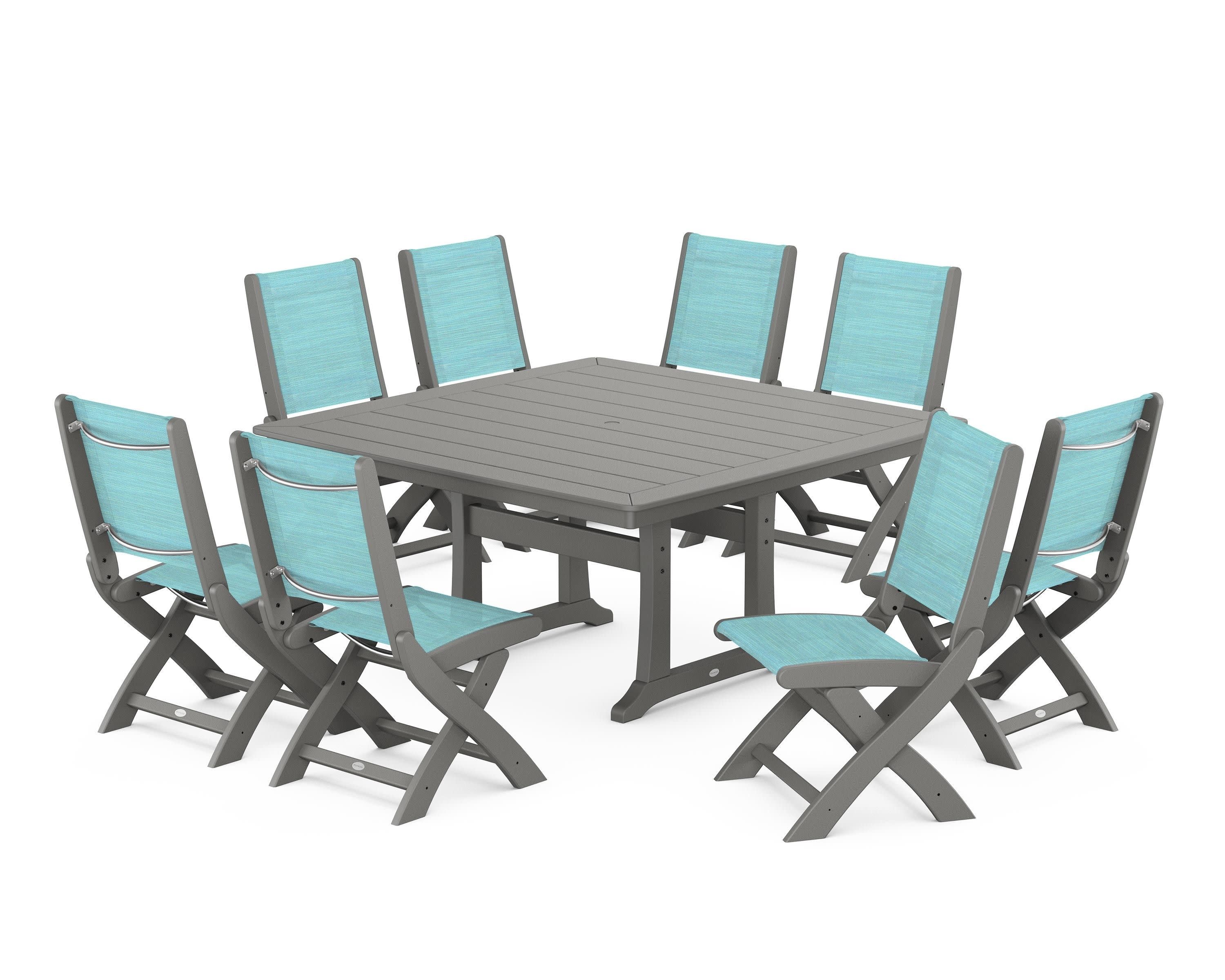Coastal Folding Side Chair 9-Piece Dining Set with Trestle Legs in Slate Grey / Dupioni Aquamarine Sling