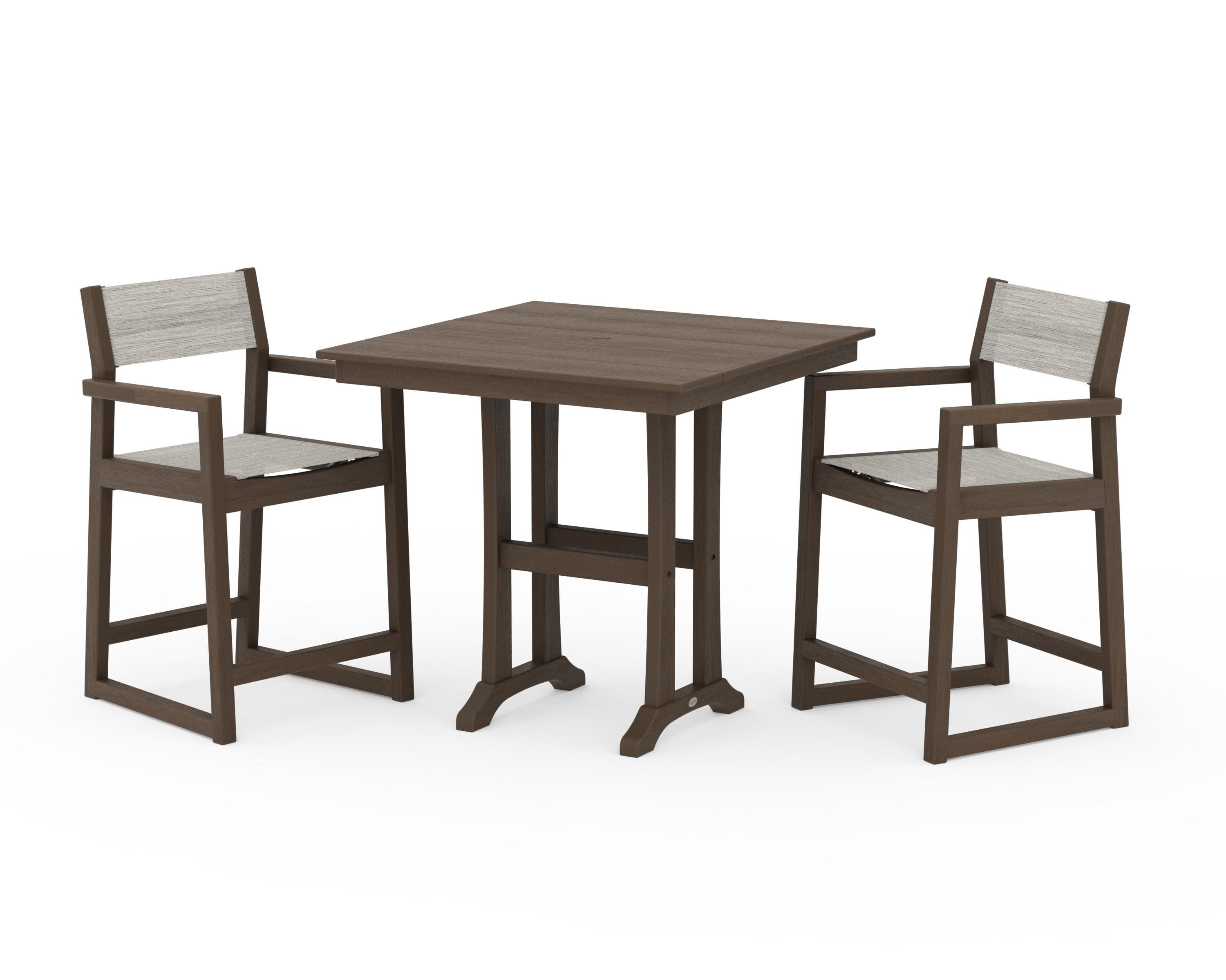 EDGE Sling Arm Chair 3-Piece Farmhouse Counter Set with Trestle Legs in Kona / Birch Sling