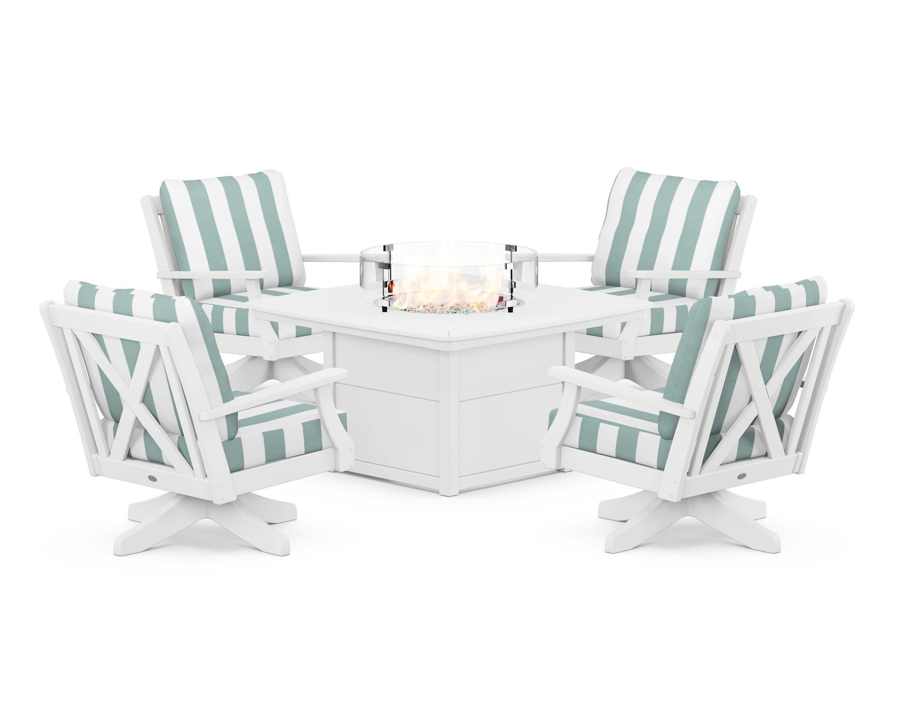 Braxton 5-Piece Deep Seating Swivel Conversation Set with Fire Pit Table in White / Cabana Stripe Glacier Spa