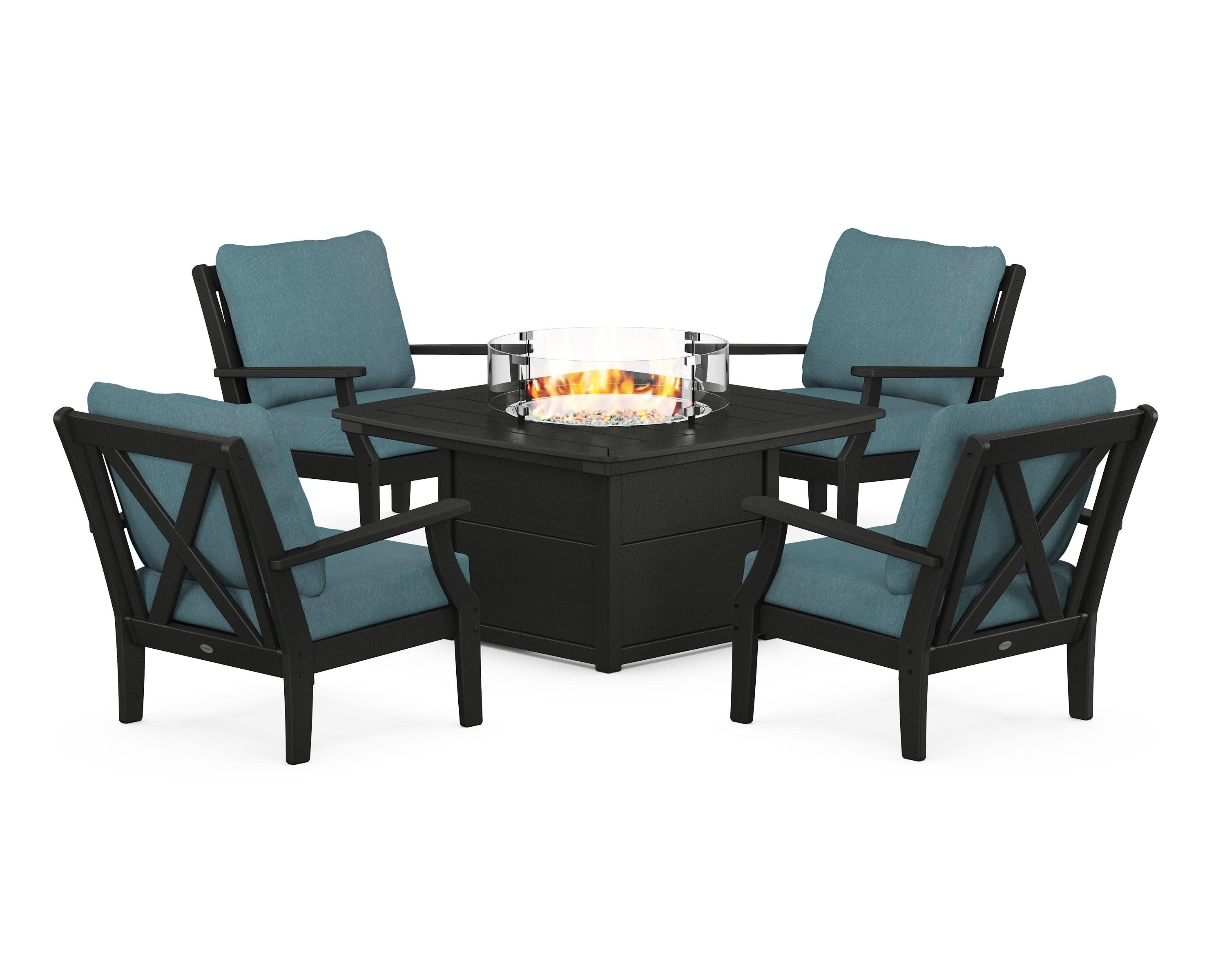 Braxton 5-Piece Deep Seating Conversation Set with Fire Pit Table in Black / Ocean Teal