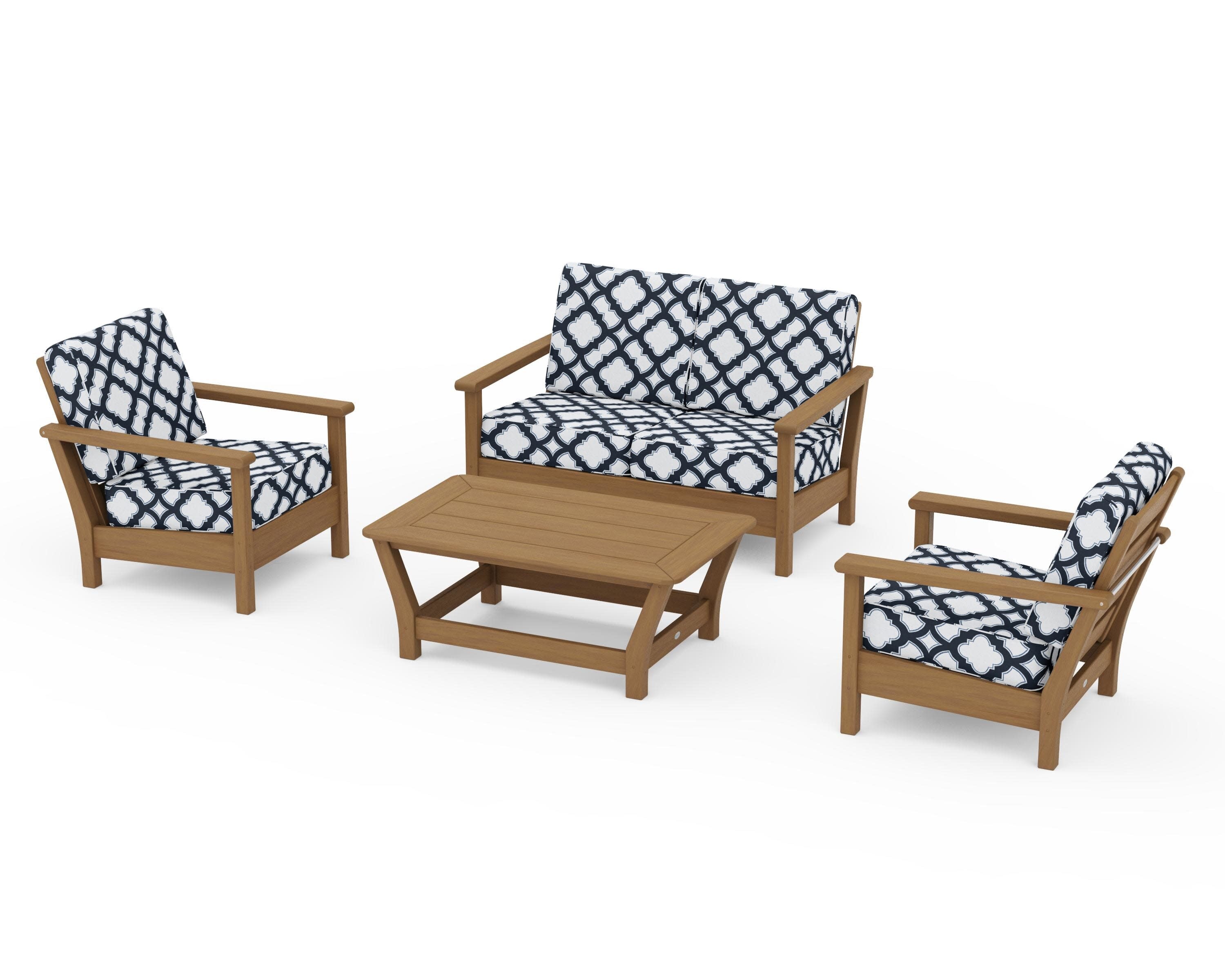 Harbour 4-Piece Deep Seating Set in Natural / Trellis Marine Indigo