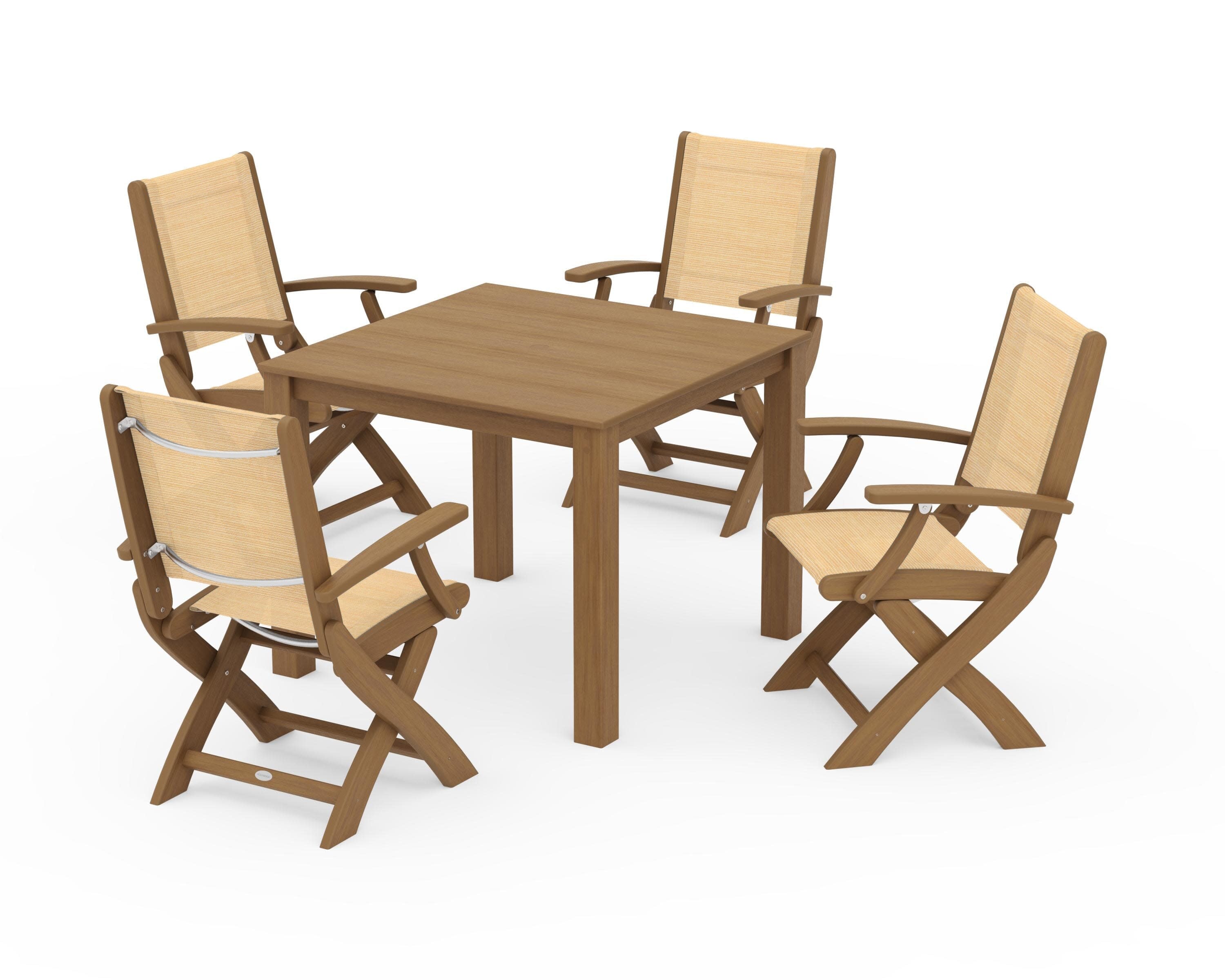 Coastal Folding Chair 5-Piece Parsons Dining Set in Natural / Dupioni Apricot Sling