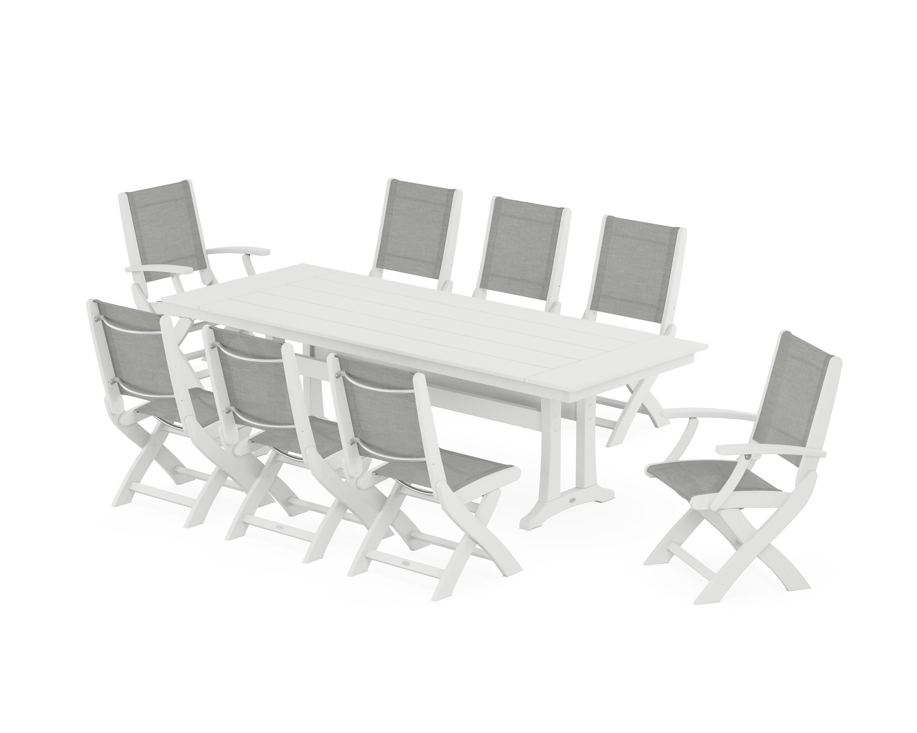 Coastal 9-Piece Folding Dining Chair Farmhouse Dining Set with Trestle Legs in White / Metallic Sling