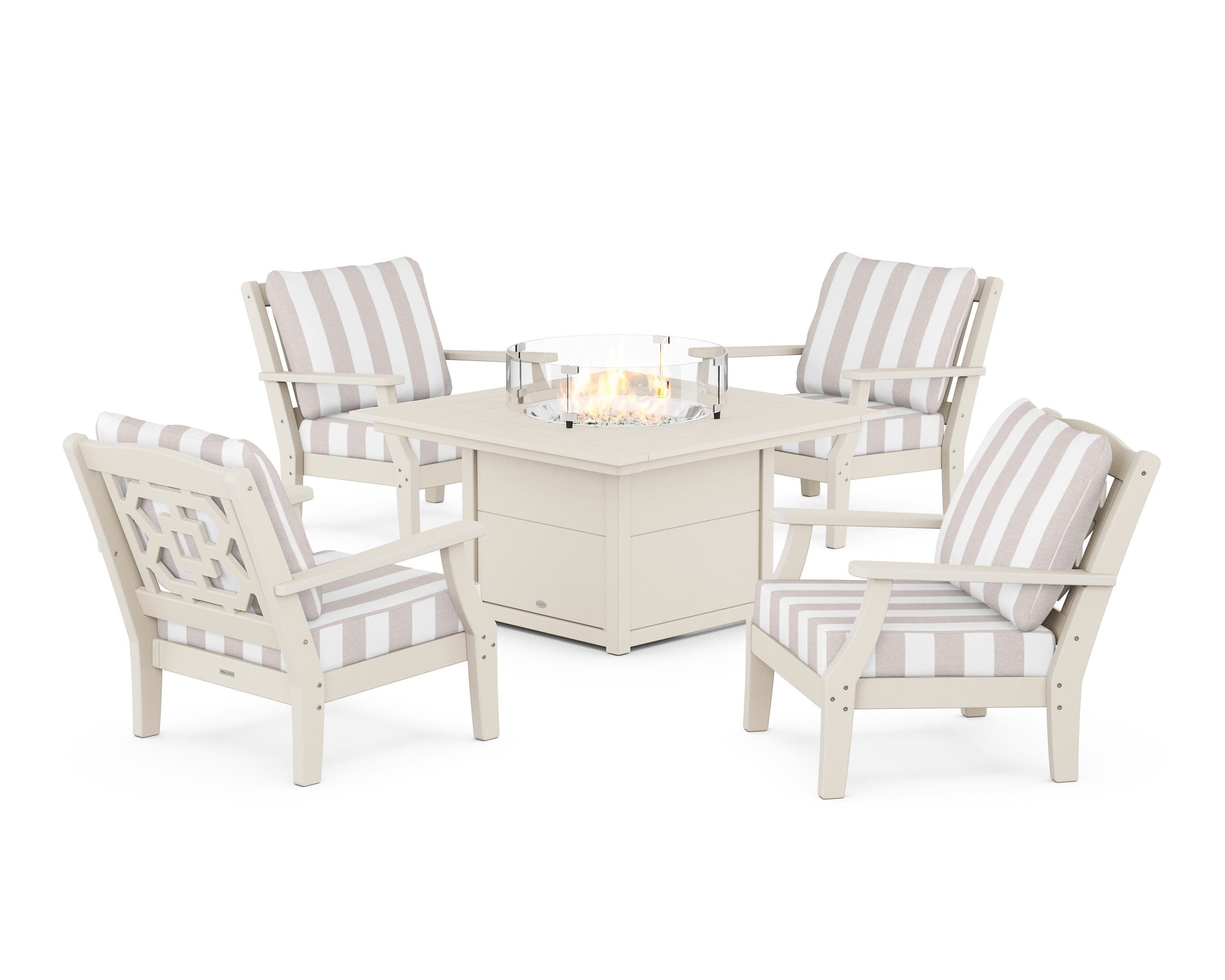 Chinoiserie 5-Piece Deep Seating Set with Fire Pit Table in Sand / Cabana Stripe Dune Burlap