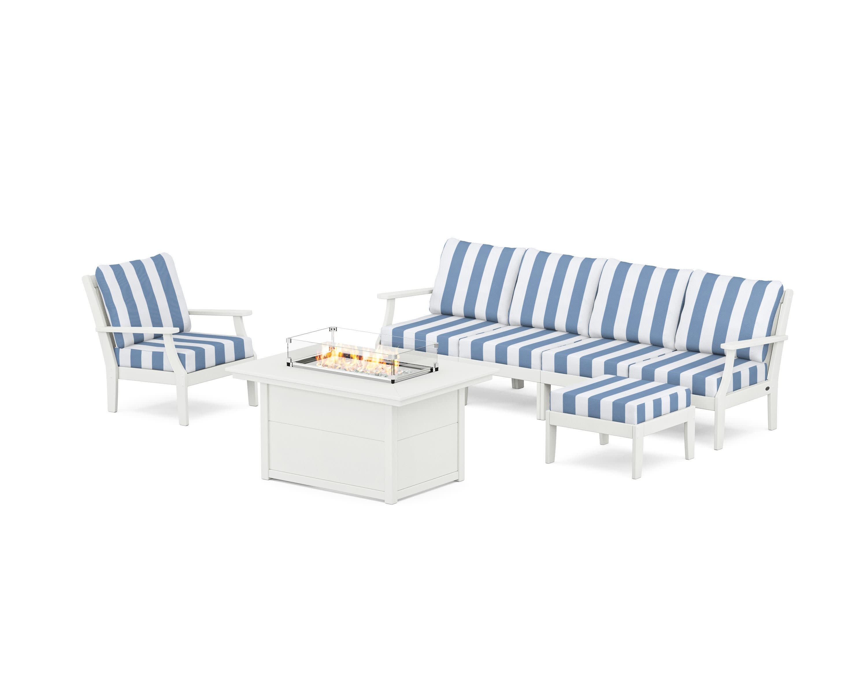 Braxton Sectional Lounge and Fire Pit Set in Vintage White / Cabana Stripe Sky Blue