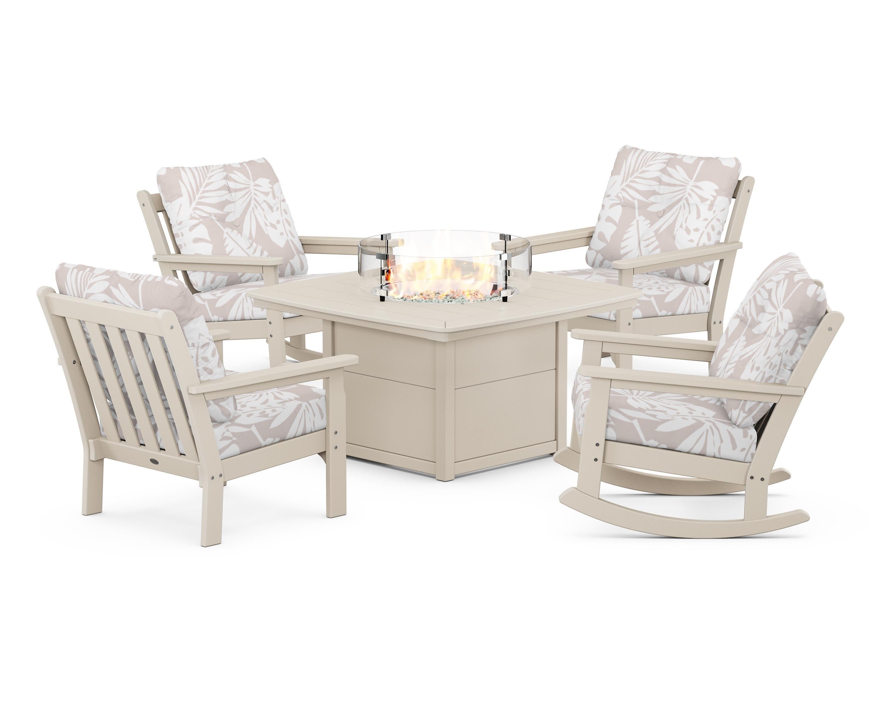 Vineyard 5-Piece Deep Seating Rocking Chair Conversation Set with Fire Pit Table in Sand / Leaf Dune Burlap