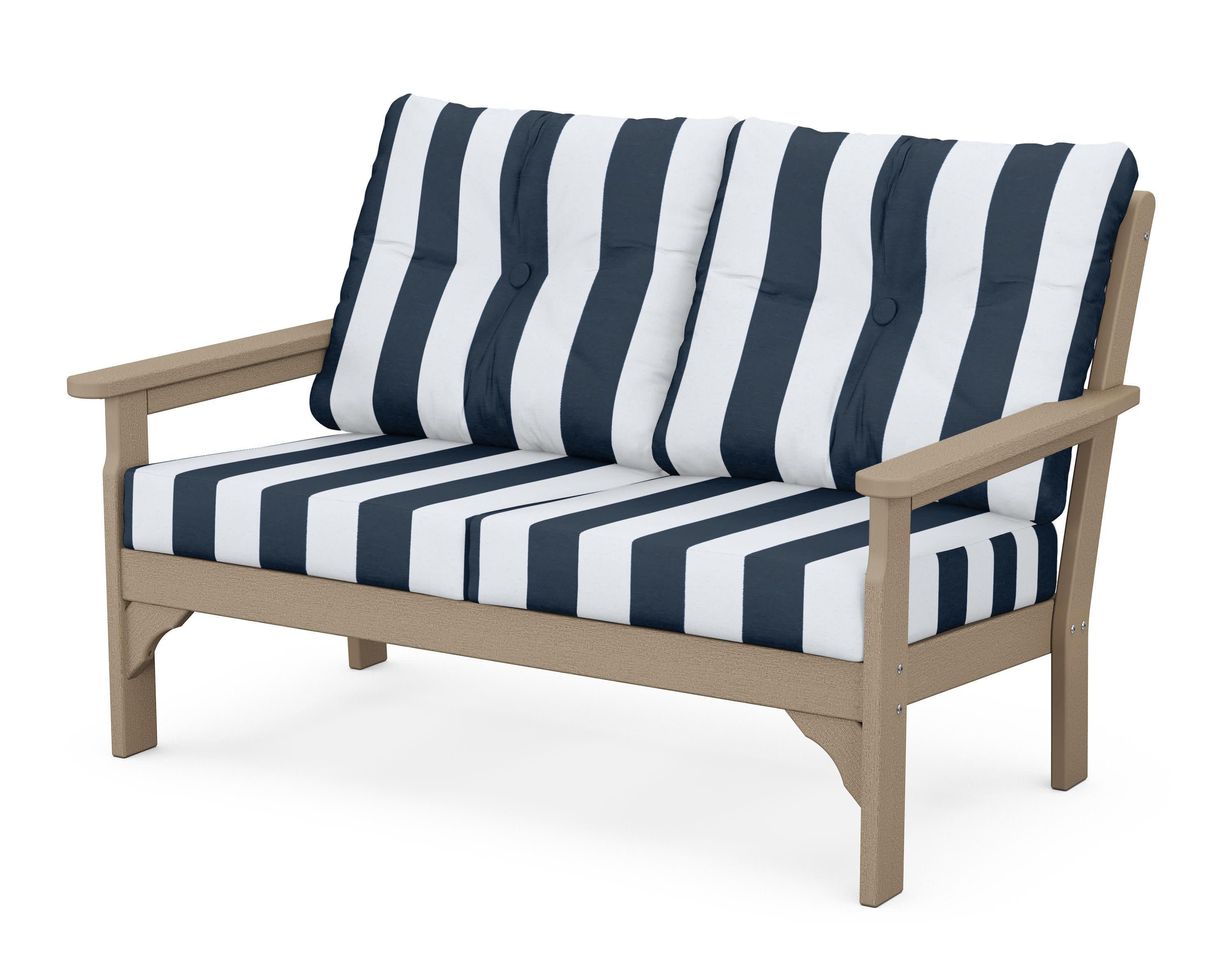 Vineyard Deep Seating Loveseat in Vintage Sahara / Cabana Stripe Marine Indigo