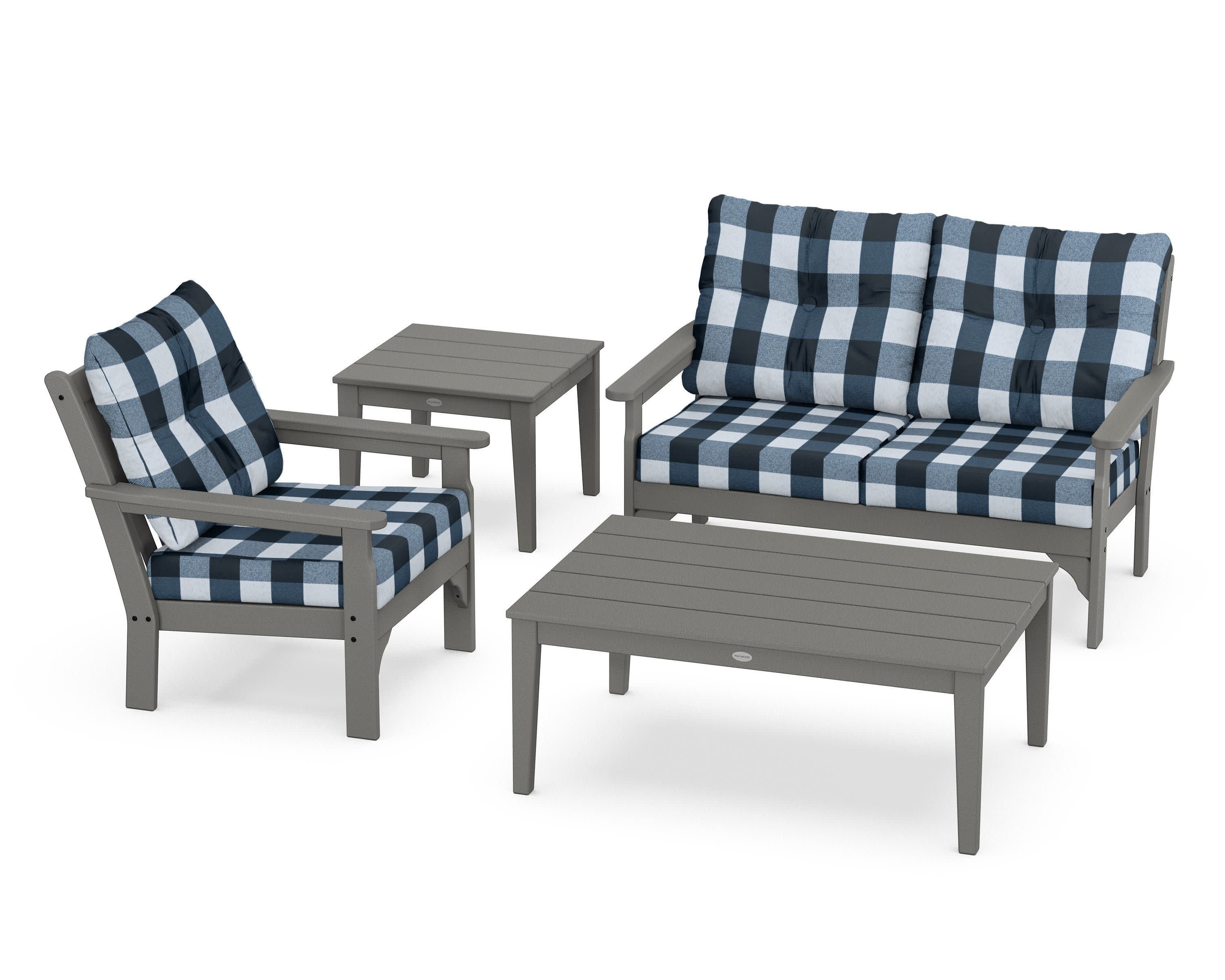 Vineyard 4-Piece Deep Seating Set in Slate Grey / Buffalo Plaid Marine Indigo