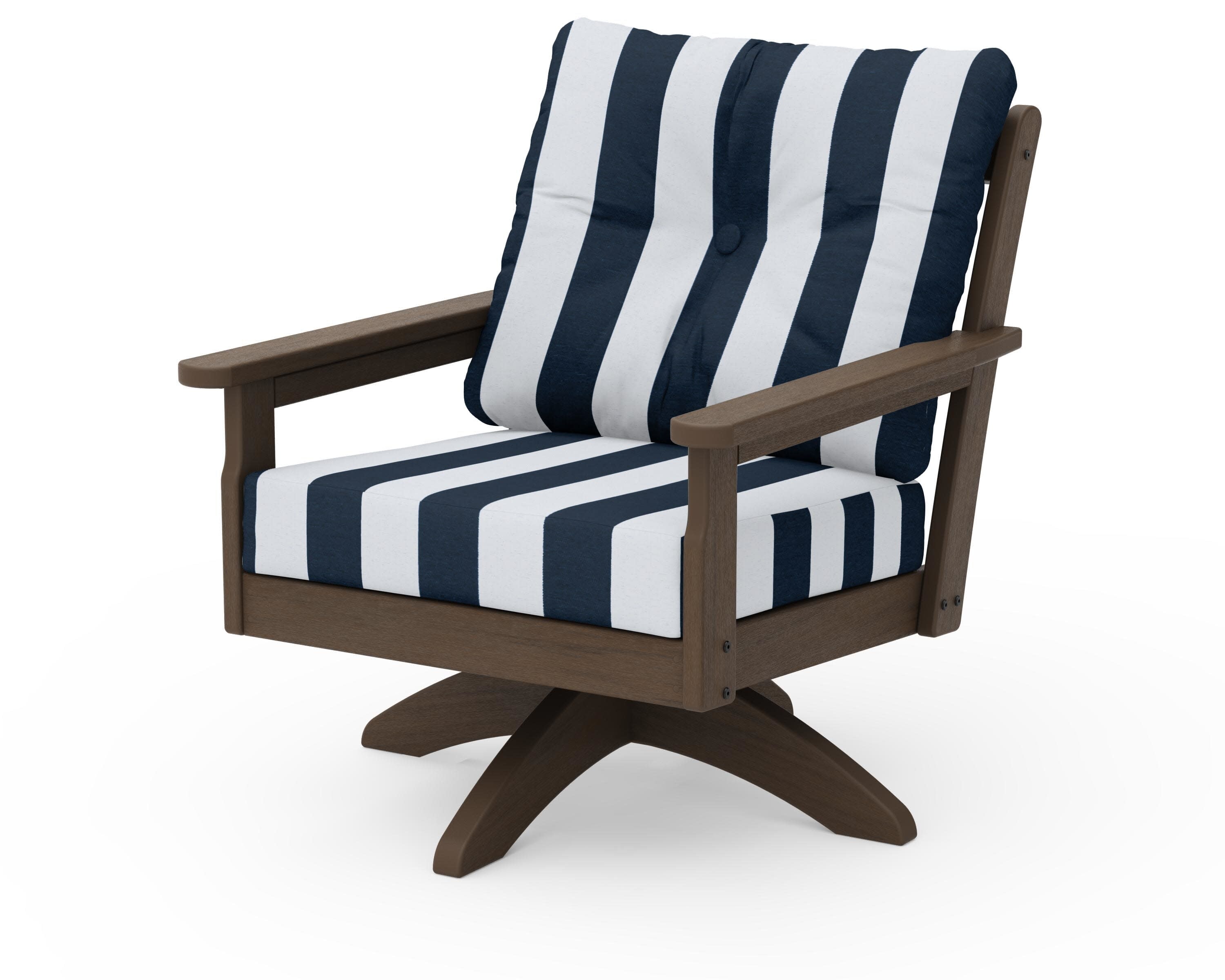 Vineyard Deep Seating Swivel Chair in Kona / Cabana Stripe Marine Indigo
