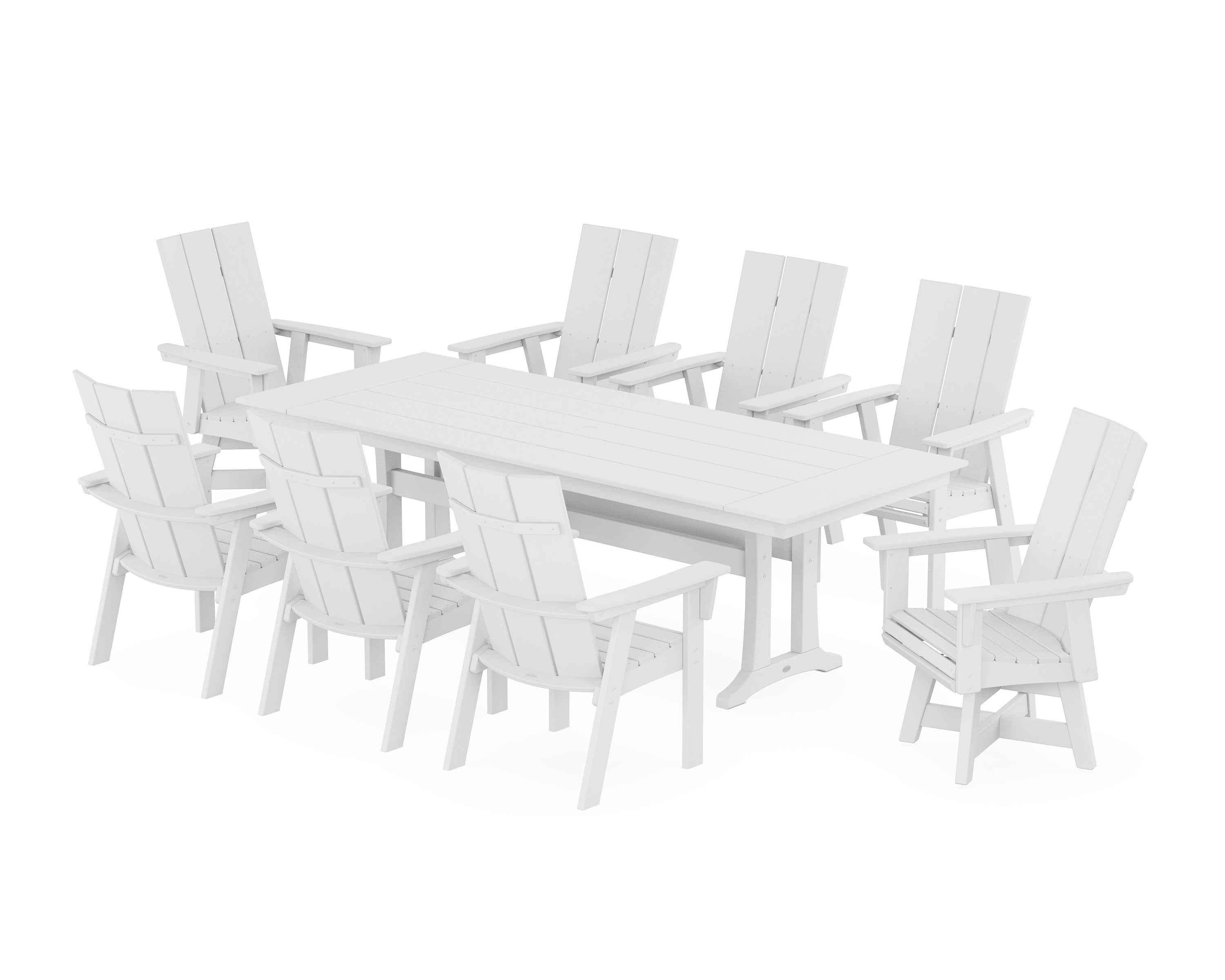 Modern Curveback Adirondack Swivel 9-Piece Farmhouse Dining Set with Trestle Legs in White