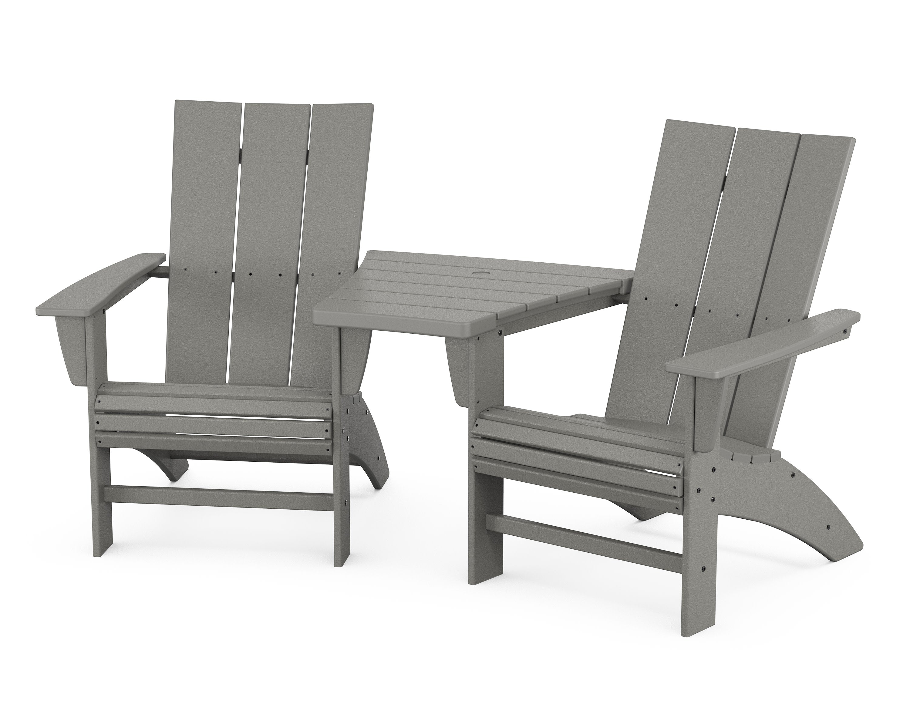 Modern 3-Piece Curveback Adirondack Set with Angled Connecting Table in Slate Grey