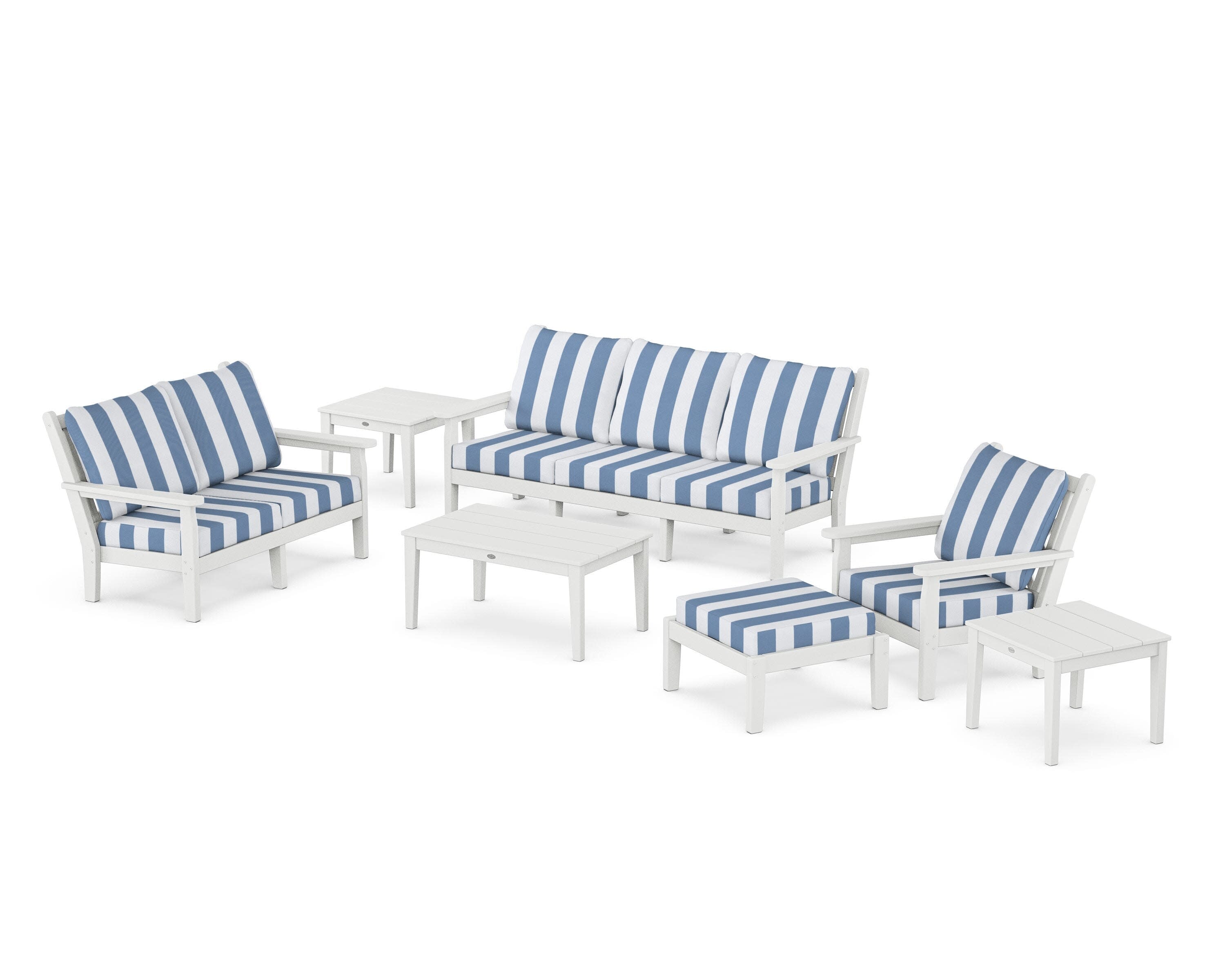 Chippendale 7-Piece Deep Seating Set in White / Cabana Stripe Sky Blue