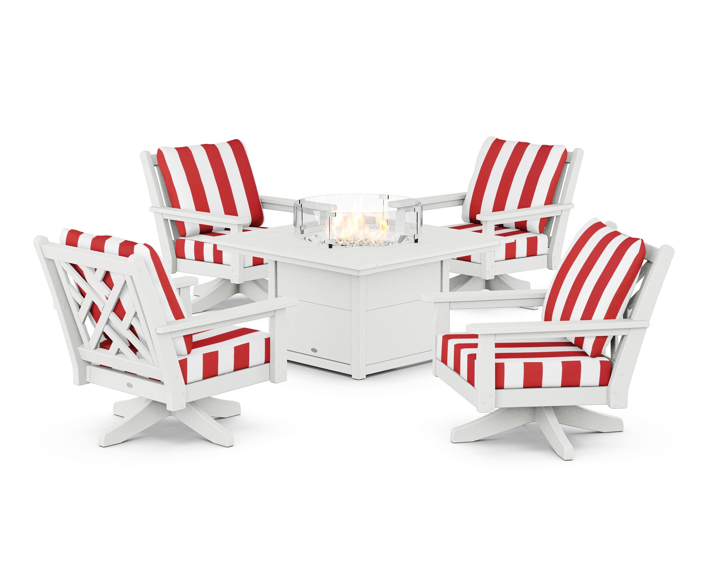 Chippendale 5-Piece Deep Seating Swivel Conversation Set with Fire Pit Table in White / Cabana Stripe Crimson