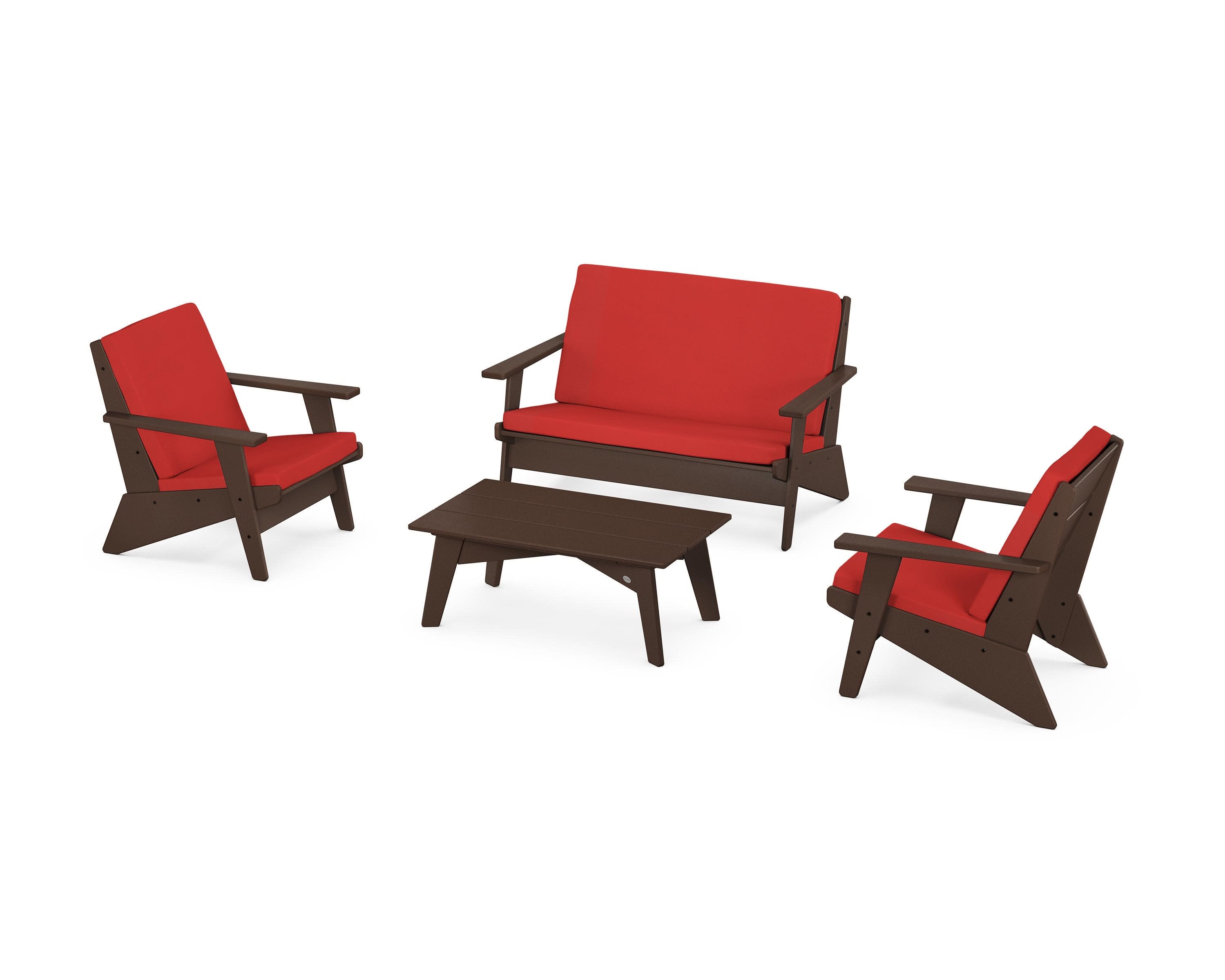 Riviera Modern Lounge 4-Piece Set in Mahogany / Crimson Linen