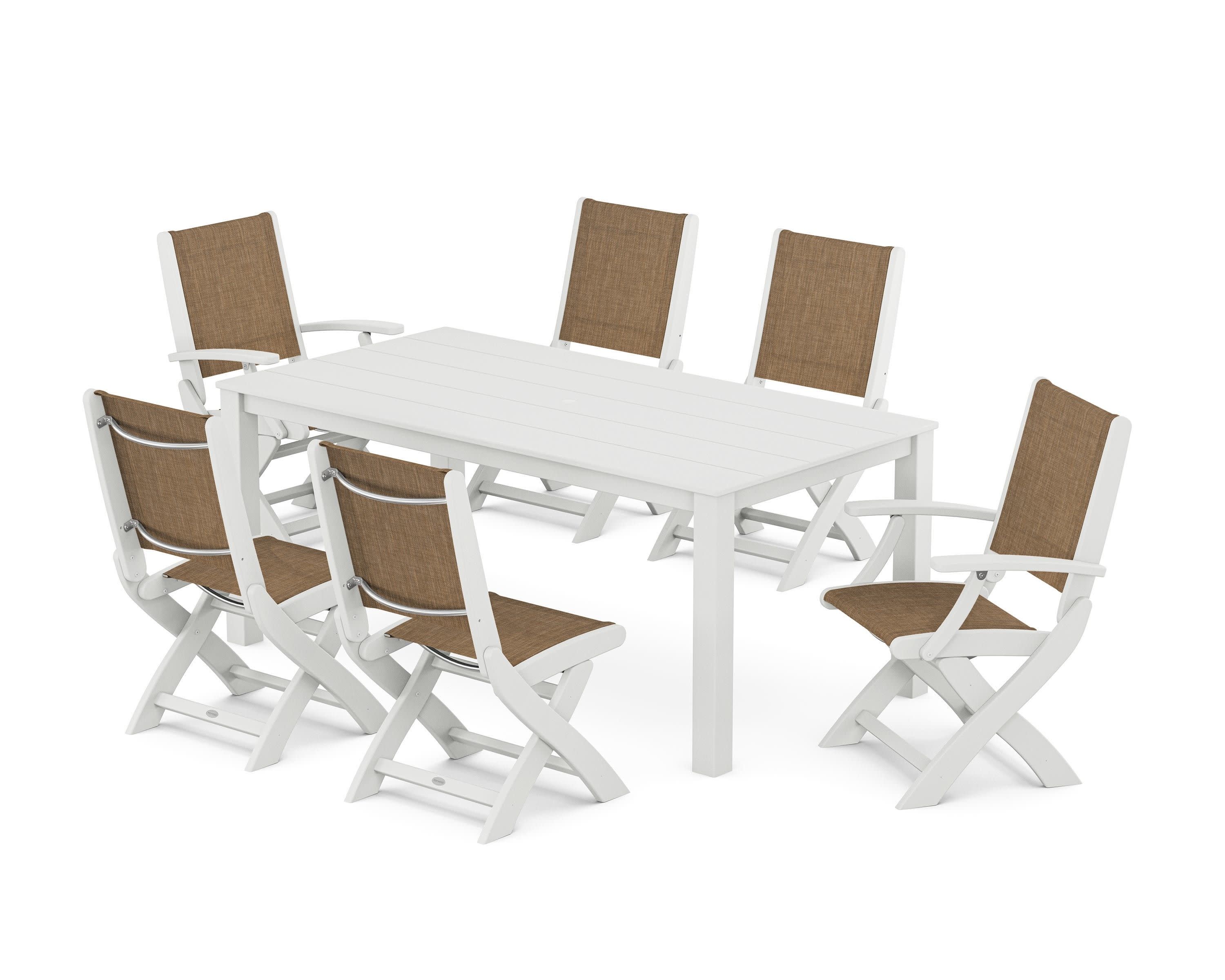 Coastal Folding Chair 7-Piece Parsons Dining Set in White / Burlap Sling