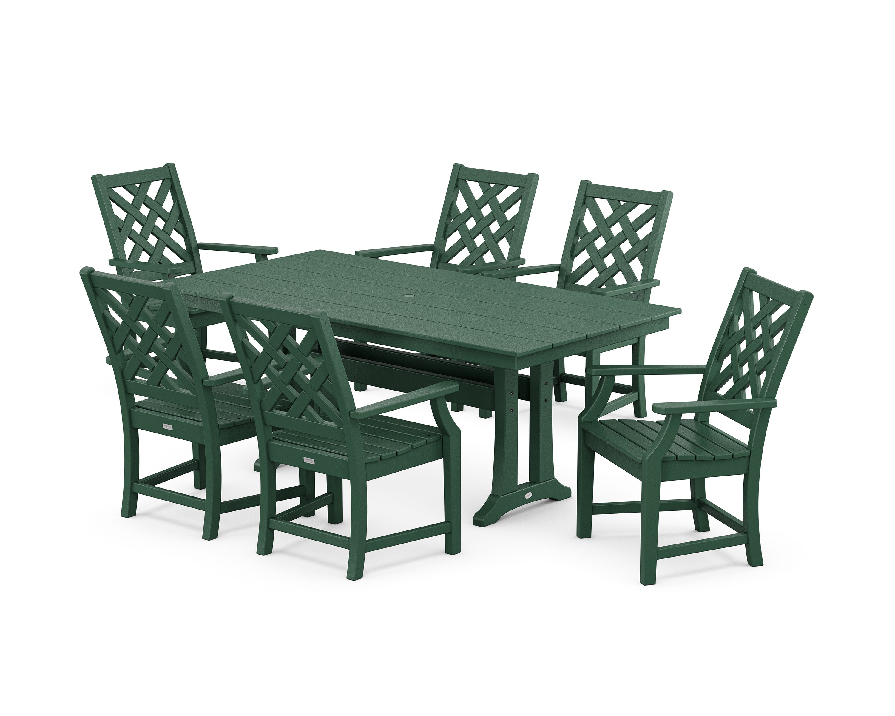 Wovendale Arm Chair 7-Piece Farmhouse Dining Set with Trestle Legs in Green