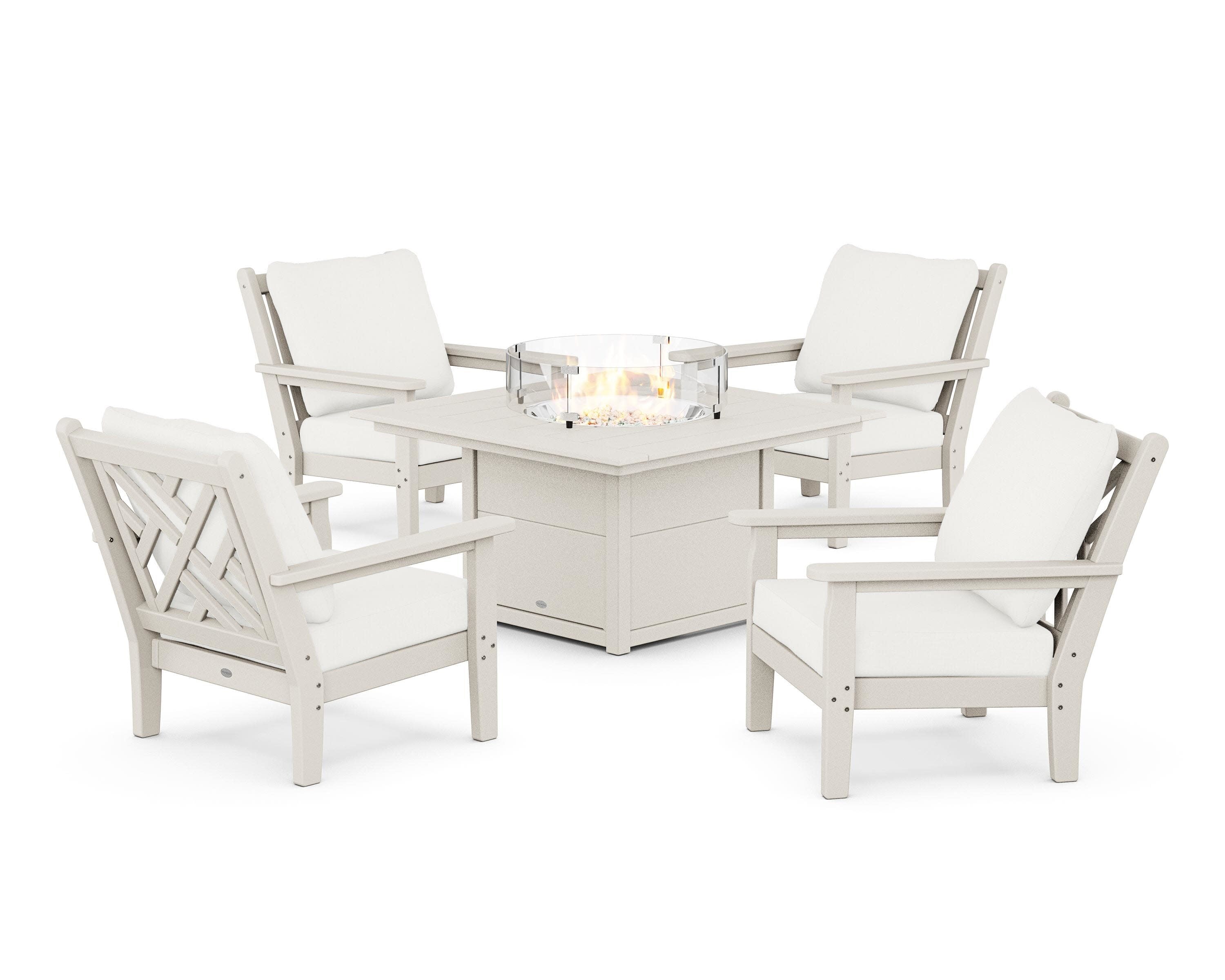 Chippendale 5-Piece Deep Seating Set with Fire Pit Table in Sand / Natural Linen