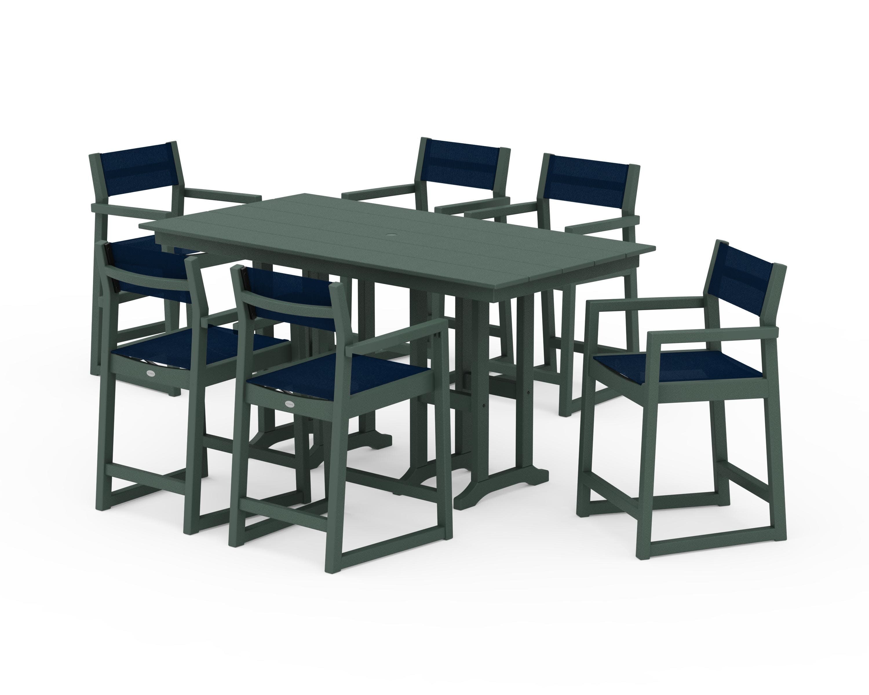 EDGE Sling Arm Chair 7-Piece Farmhouse Counter Set in Green / Navy Blue Sling