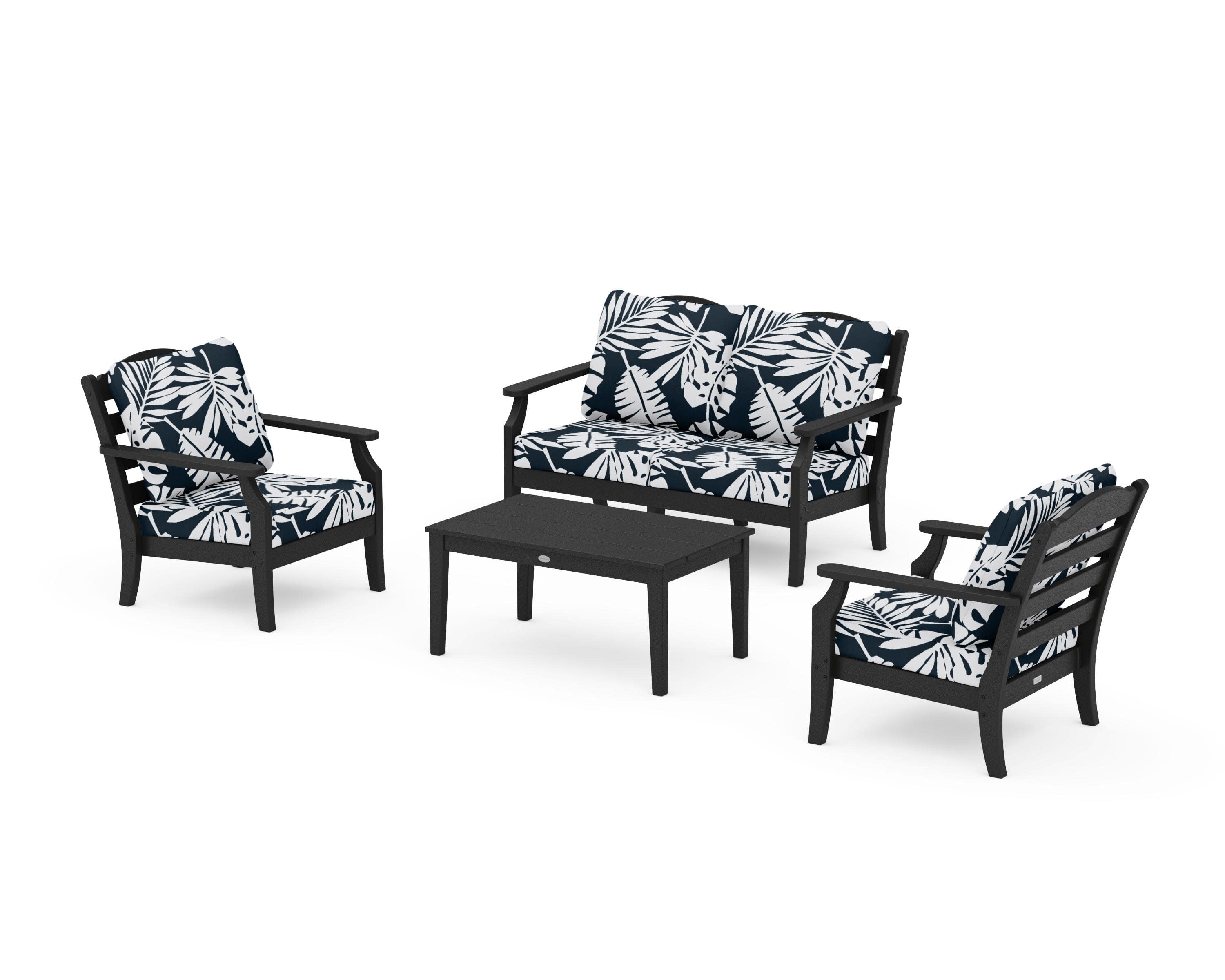 Savannah 4-Piece Deep Seating Set with Loveseat in Black / Leaf Marine Indigo