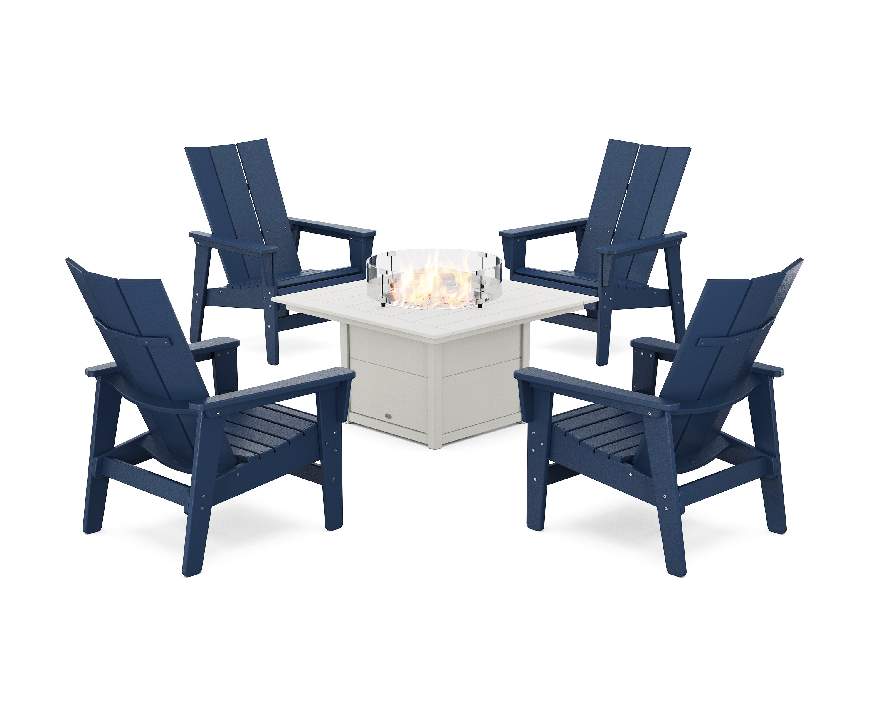 5-Piece Modern Grand Upright Adirondack Conversation Set with Fire Pit Table in Navy / White