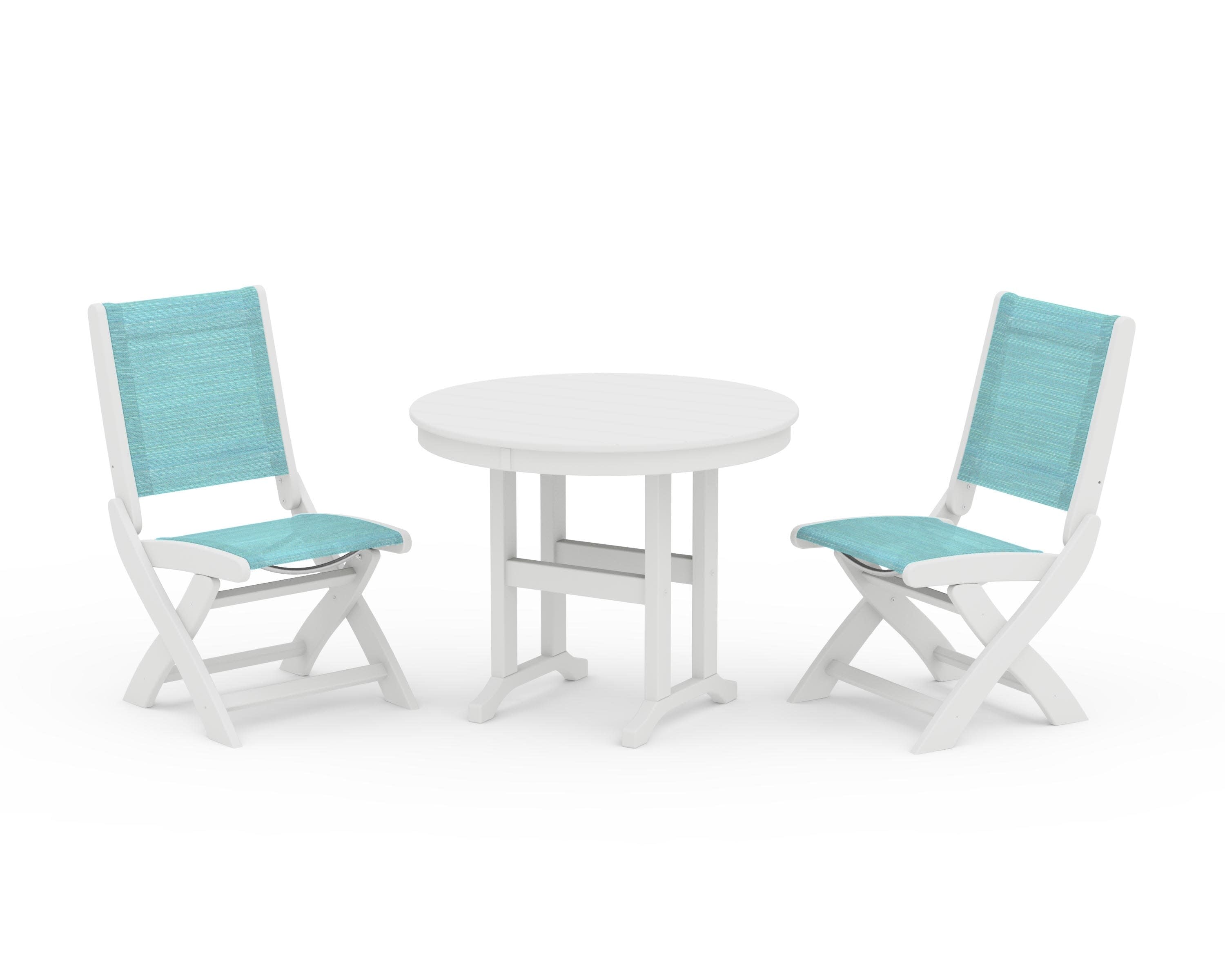 Coastal Folding Side Chair 3-Piece Round Dining Set in White / Dupioni Aquamarine Sling