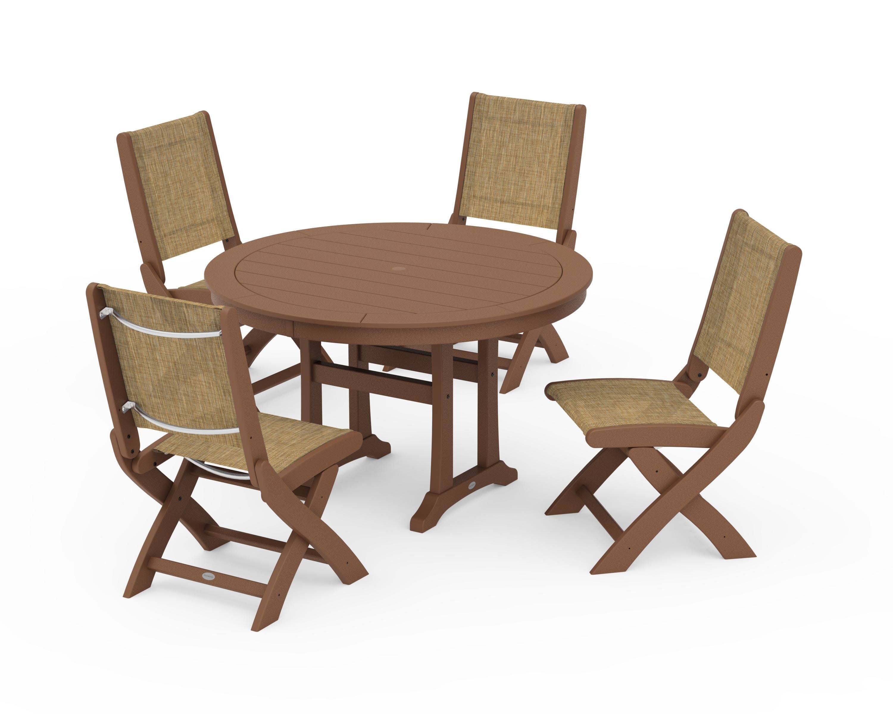 Coastal Folding Side Chair 5-Piece Round Dining Set With Trestle Legs in Teak / Burlap Sling