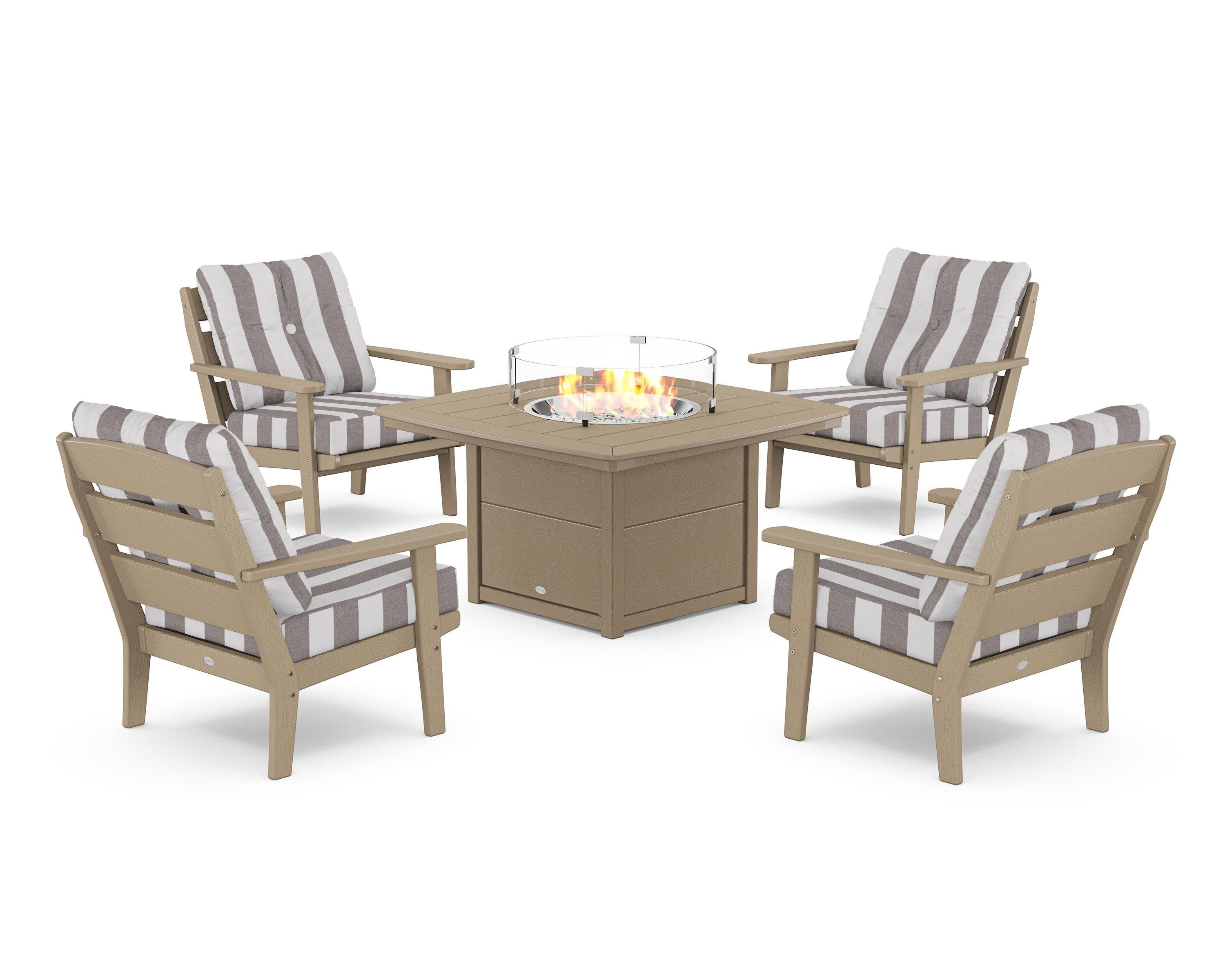 Lakeside 5-Piece Deep Seating Set with Nautical Fire Pit Table in Vintage Sahara / Cabana Stripe Grey Mist