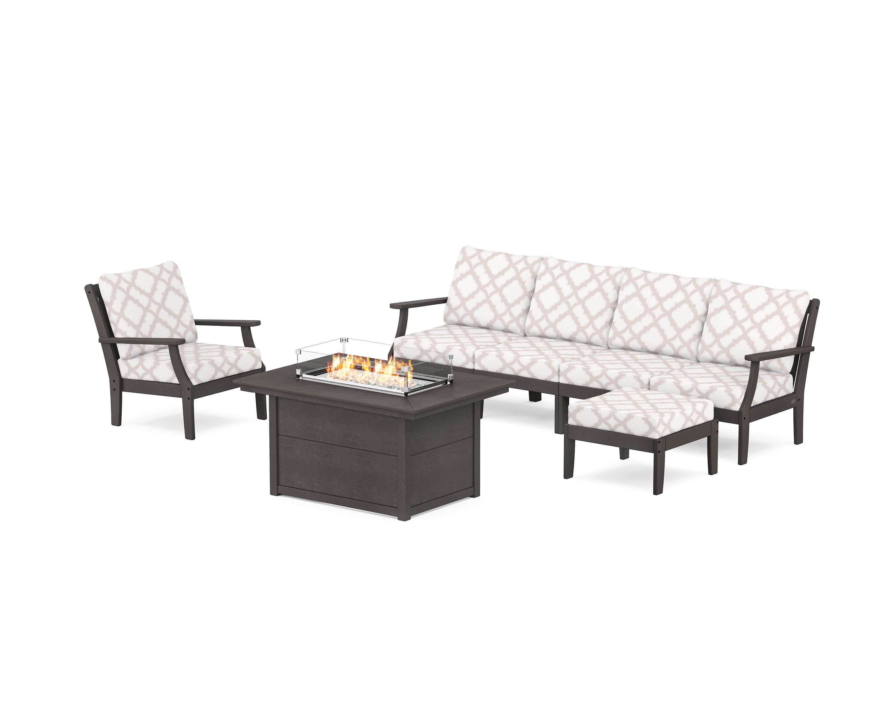 Braxton Sectional Lounge and Fire Pit Set in Vintage Coffee / Trellis Dune Burlap